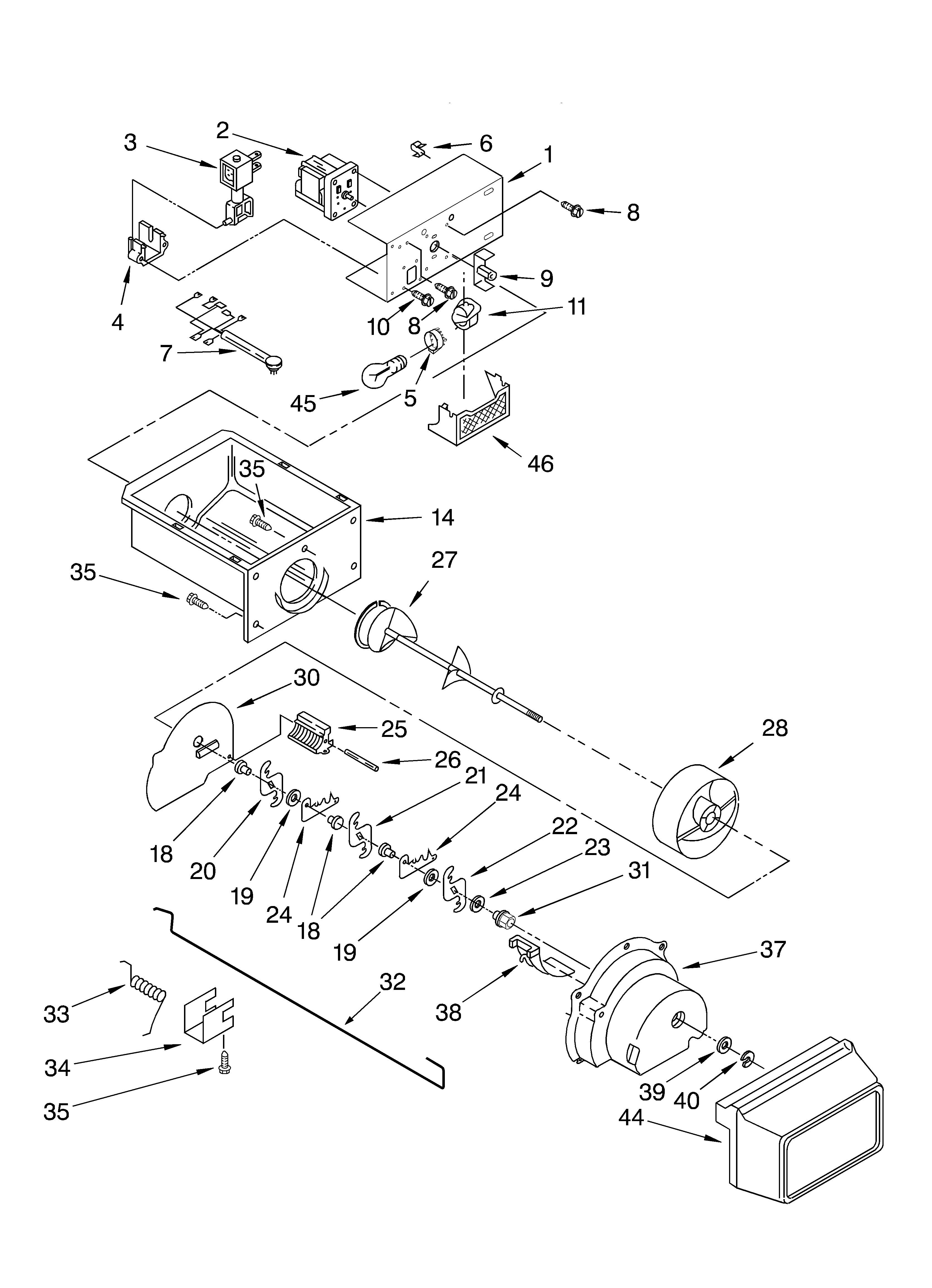 Whirlpool 7ED5FHEXMS00 motor and ice container parts diagram
