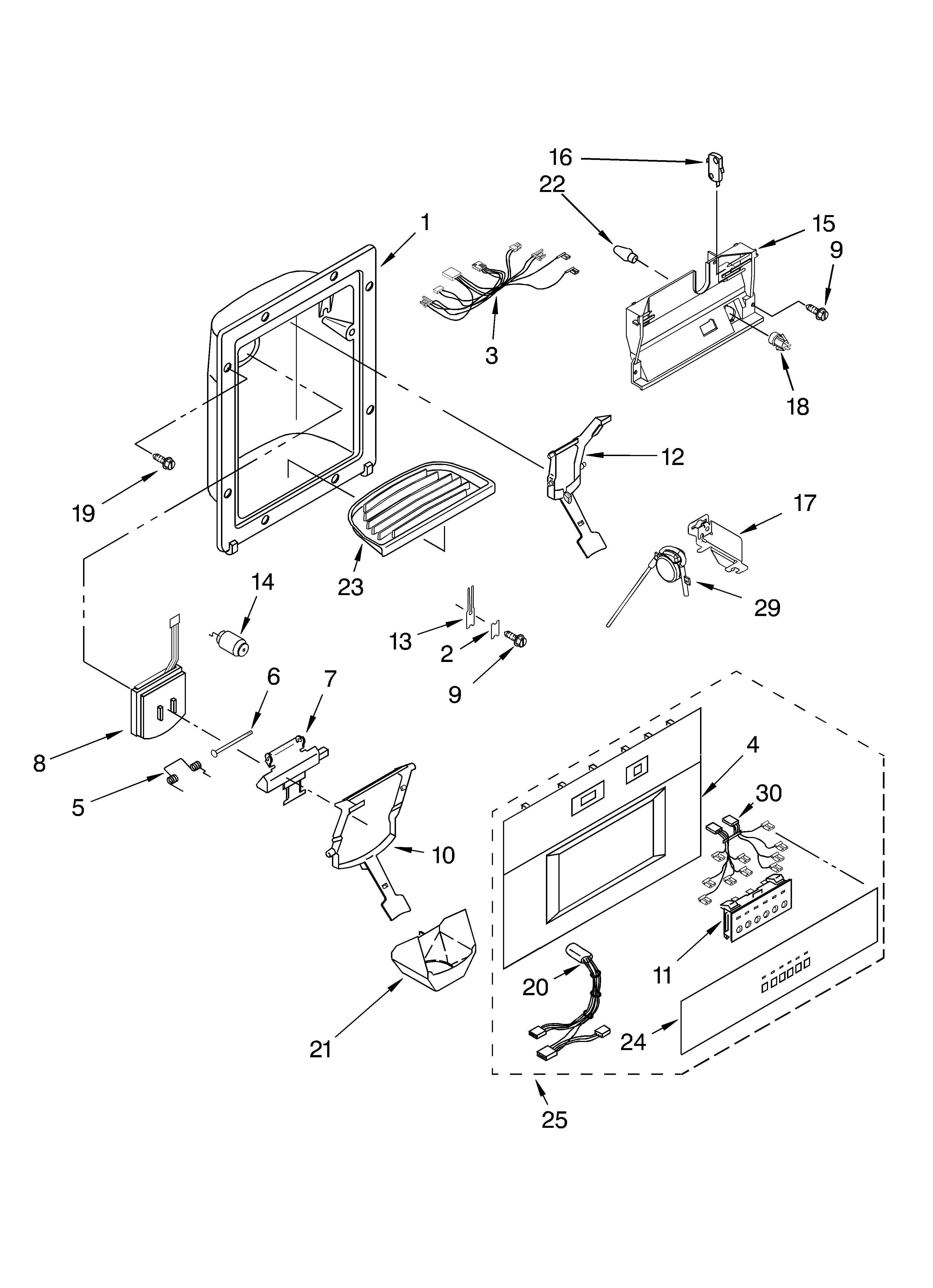 KitchenAid KSSC36QMS00 dispenser and front parts diagram