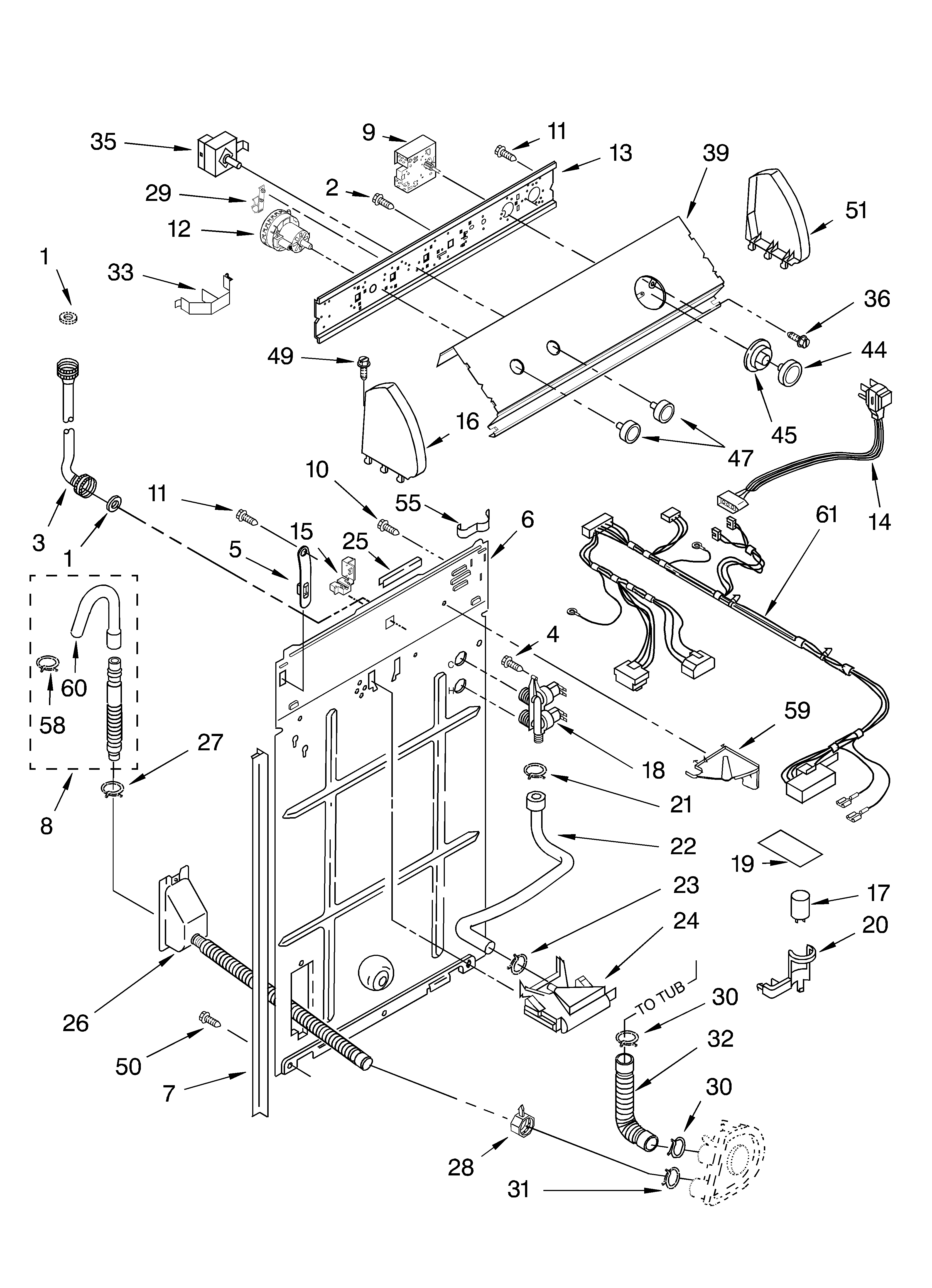 Whirlpool LSR8433KT1 controls and rear panel parts diagram