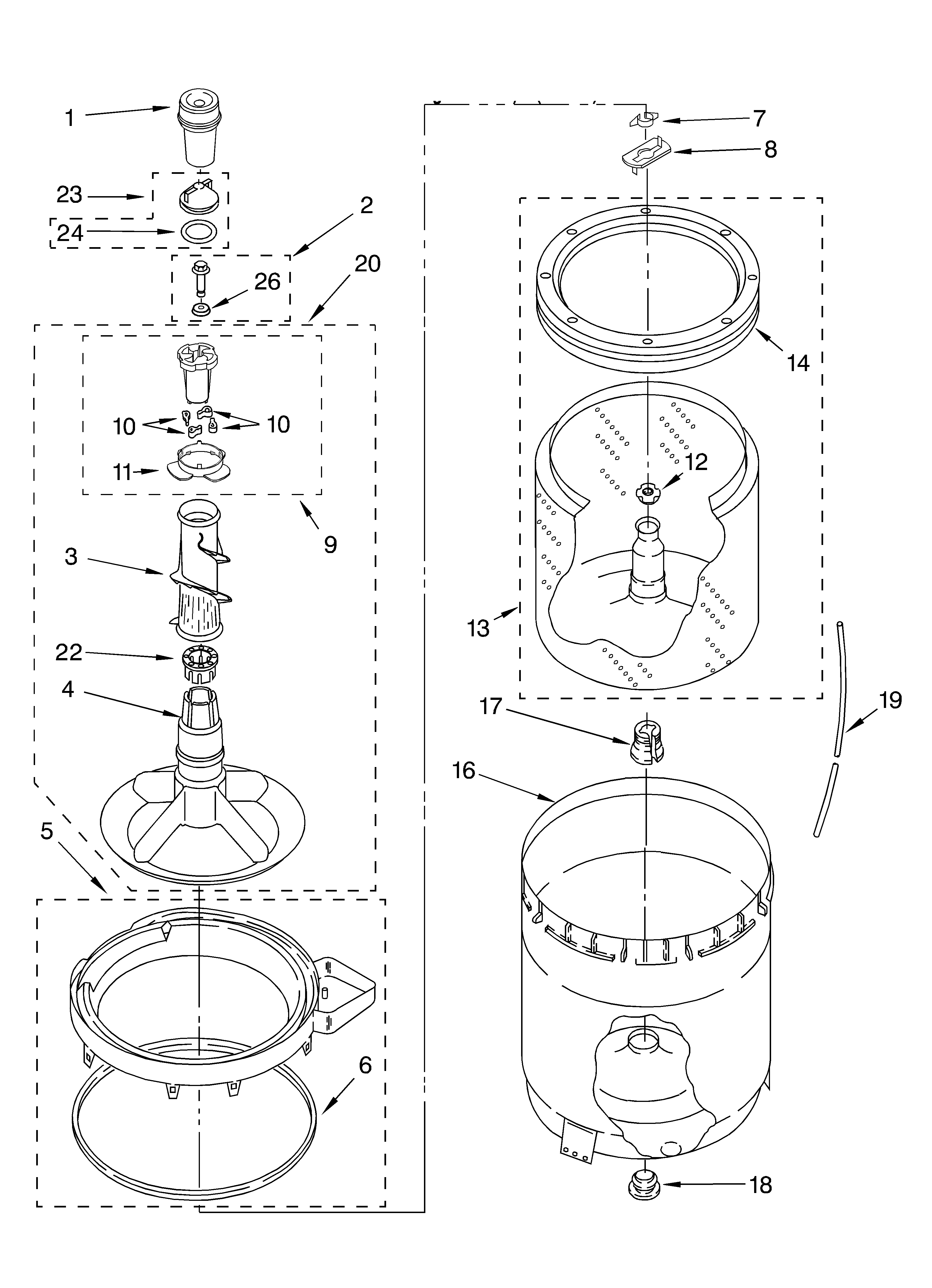 Whirlpool LSR8433KT1 agitator, basket and tub parts diagram