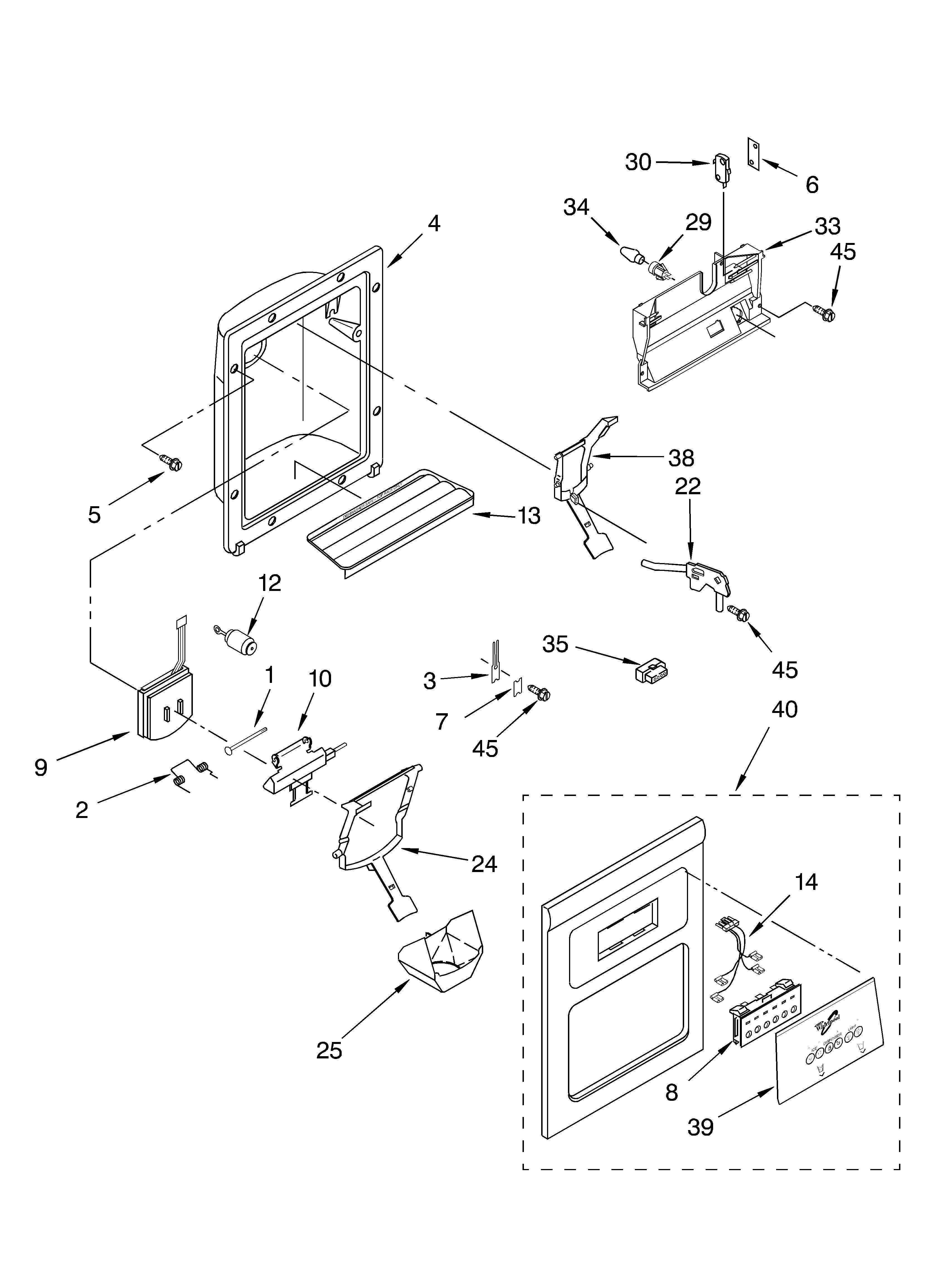 Whirlpool 3XED5SHQKQ02 dispenser front parts diagram