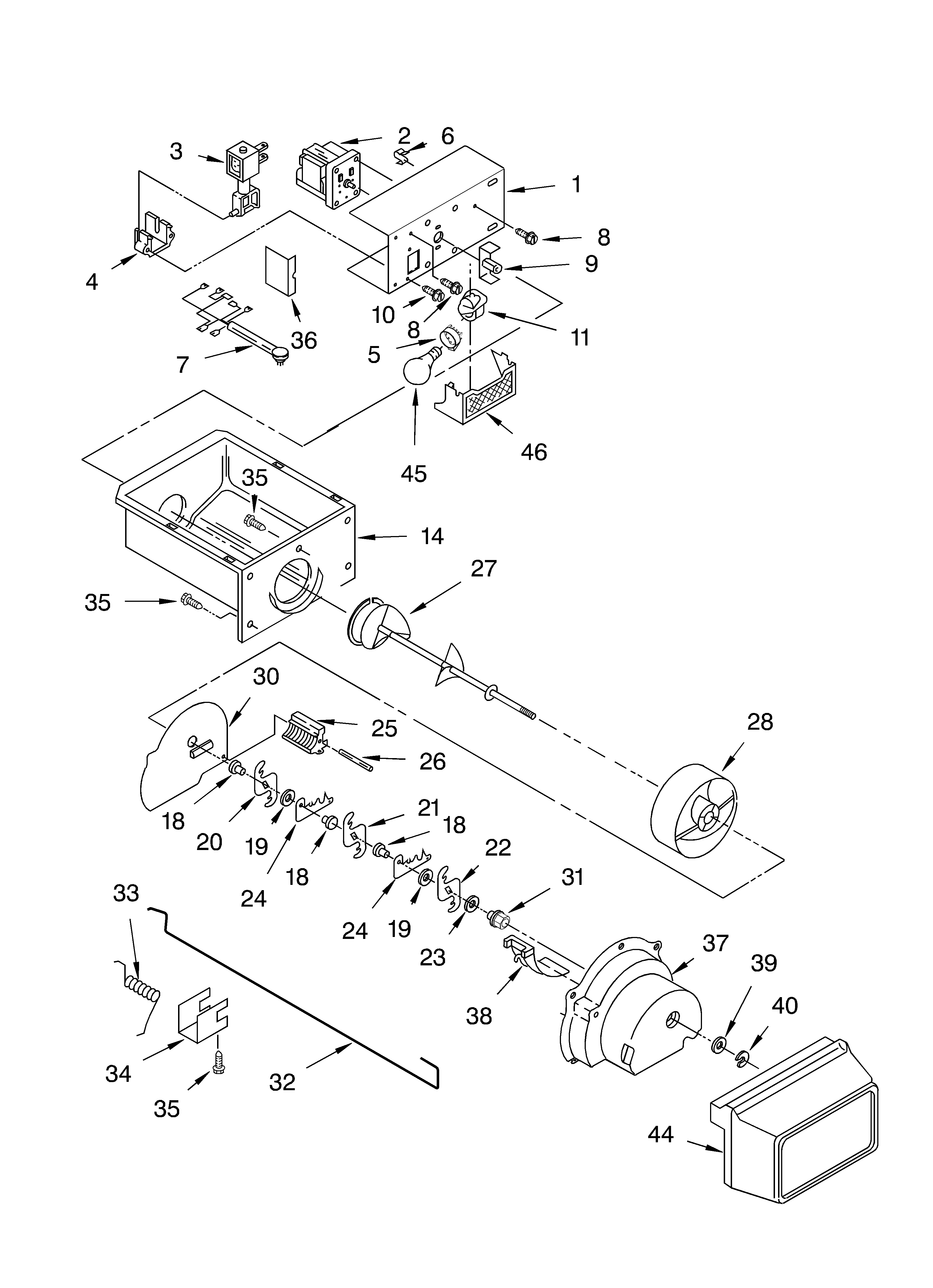Whirlpool 4YED5FHQKT01 motor and ice container parts diagram