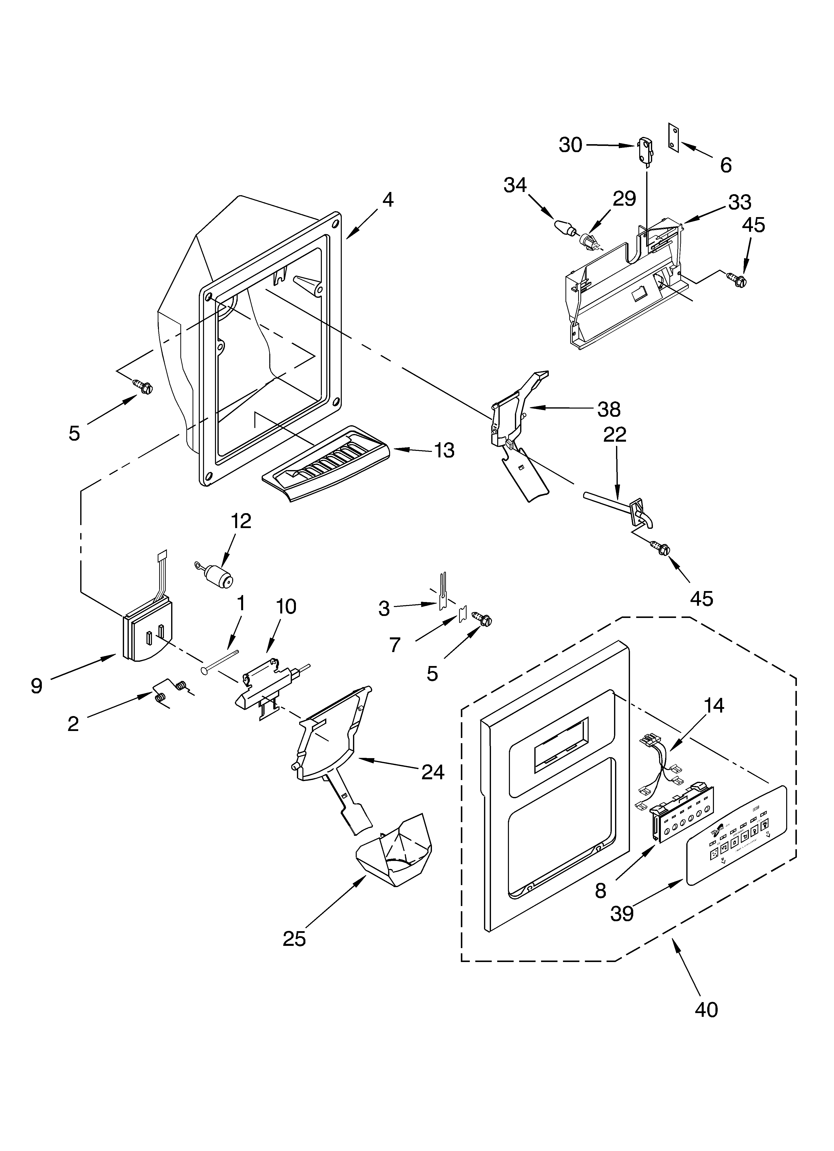 Whirlpool 5VGS7SHGKQ01 dispenser front parts diagram