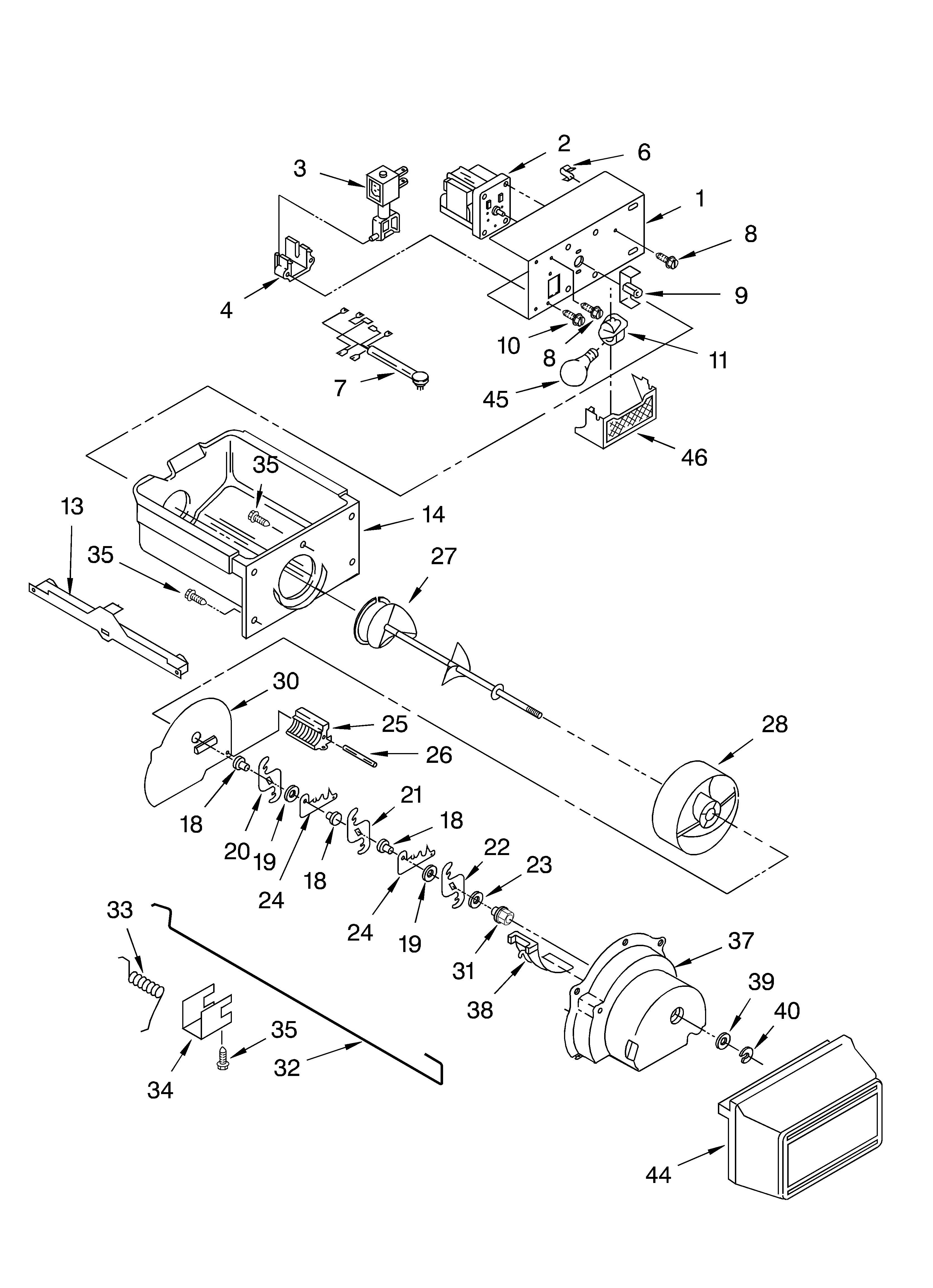Whirlpool 7ED0GTQXKQ02 motor and ice container parts diagram