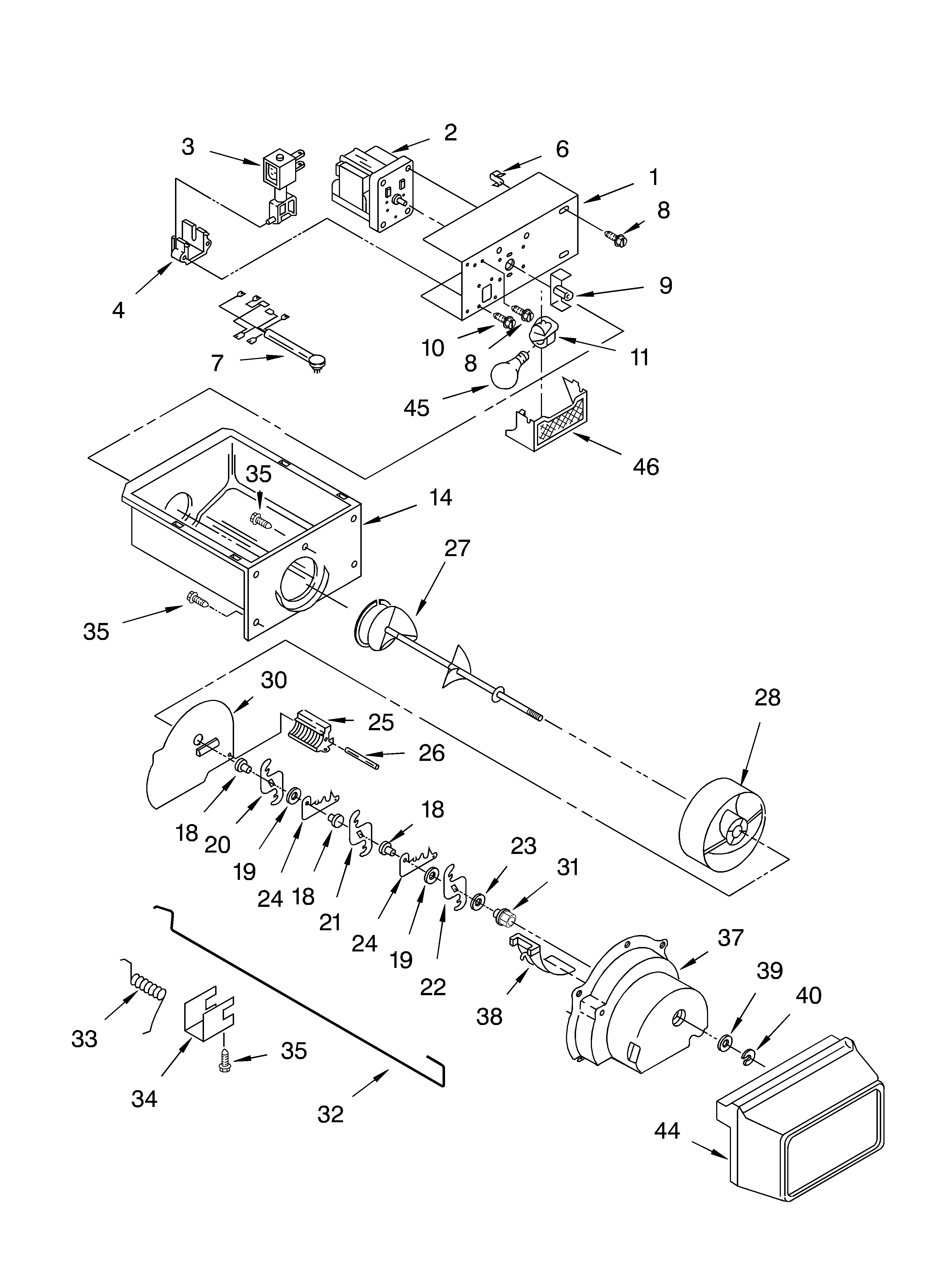 Whirlpool BRS70ZRANA02 motor and ice container parts diagram
