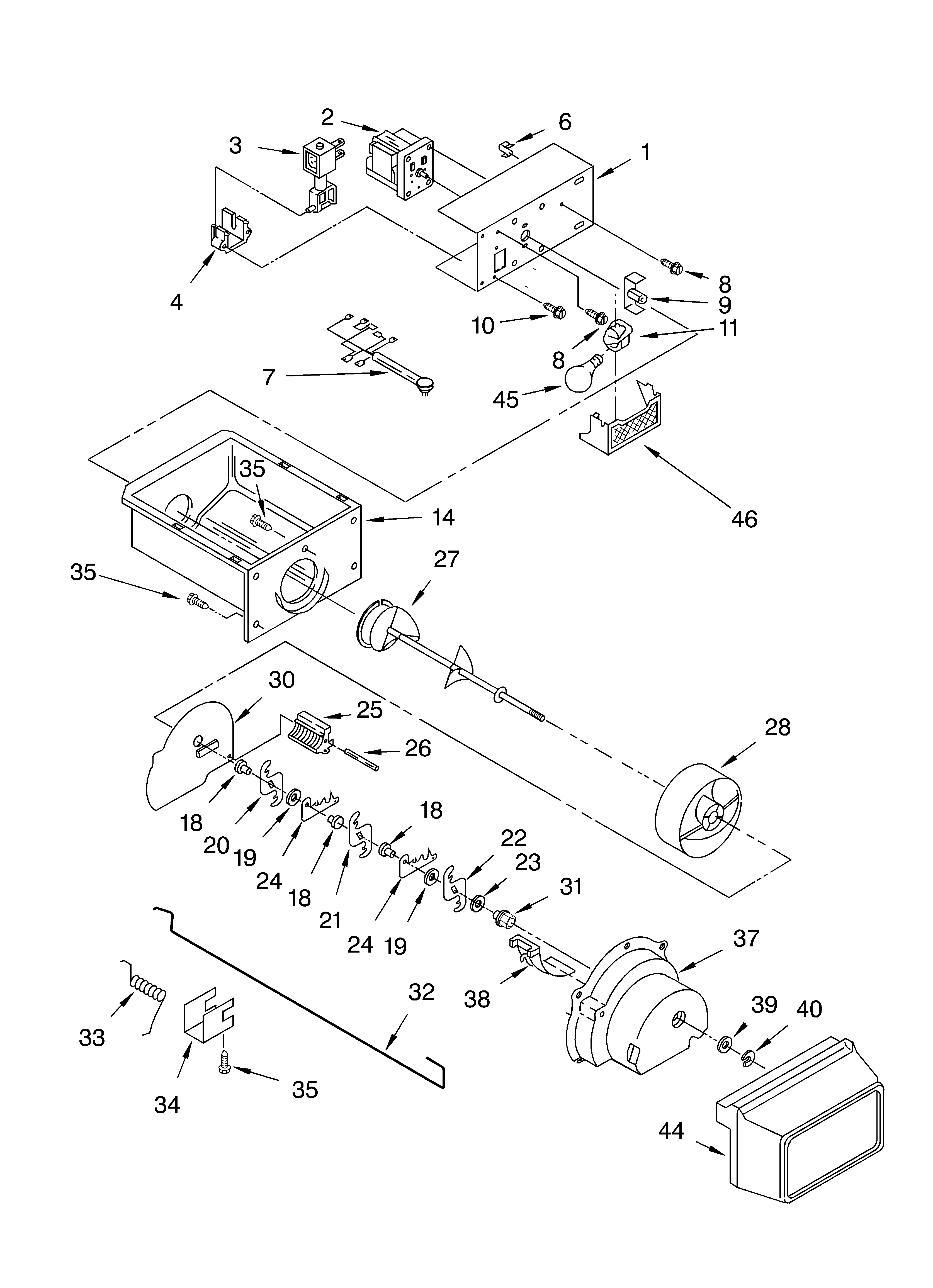 Whirlpool ED5NTQXKT02 motor and ice container parts diagram