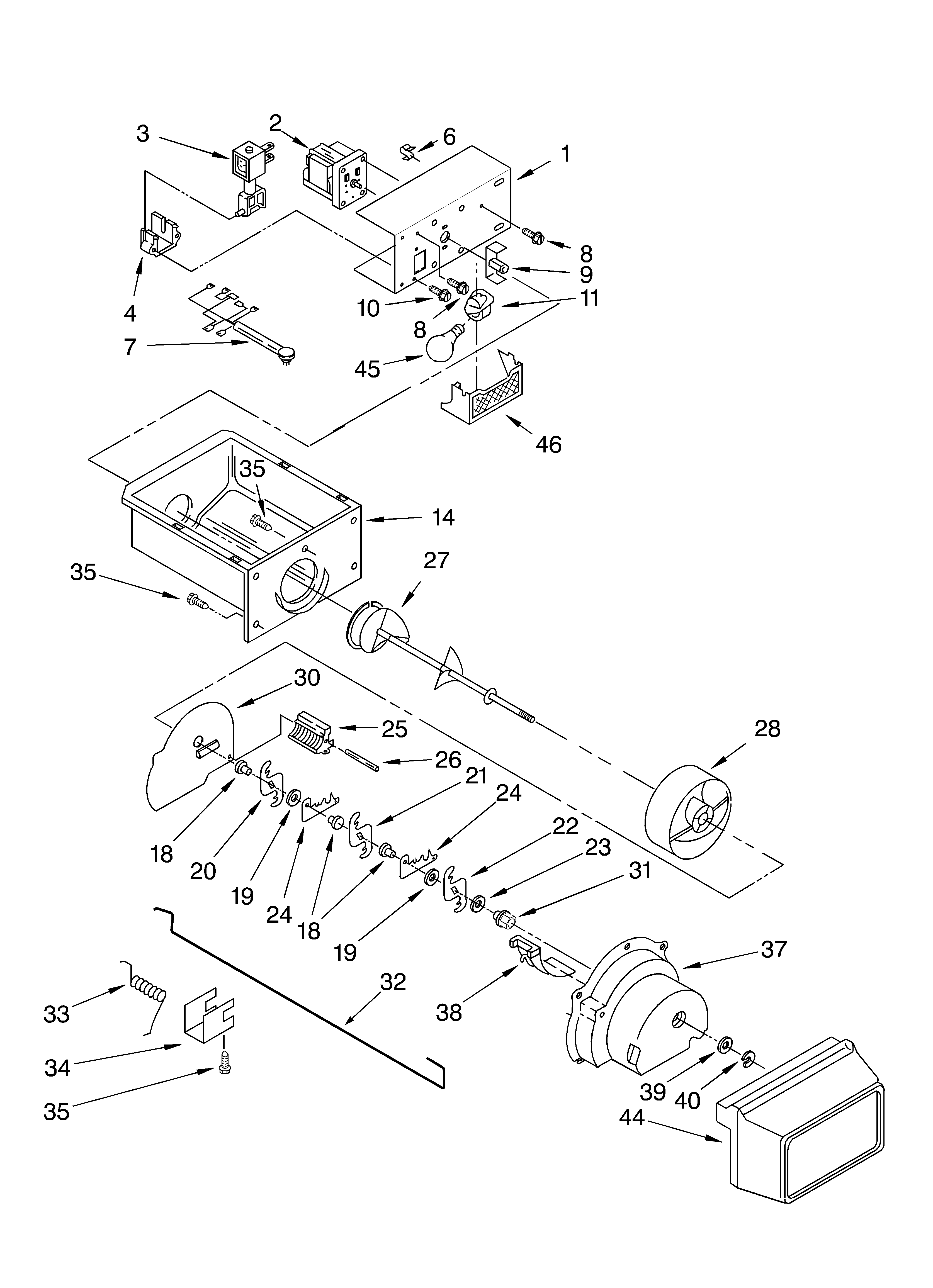 Whirlpool ED7FHGXKQ01 motor and ice container parts diagram