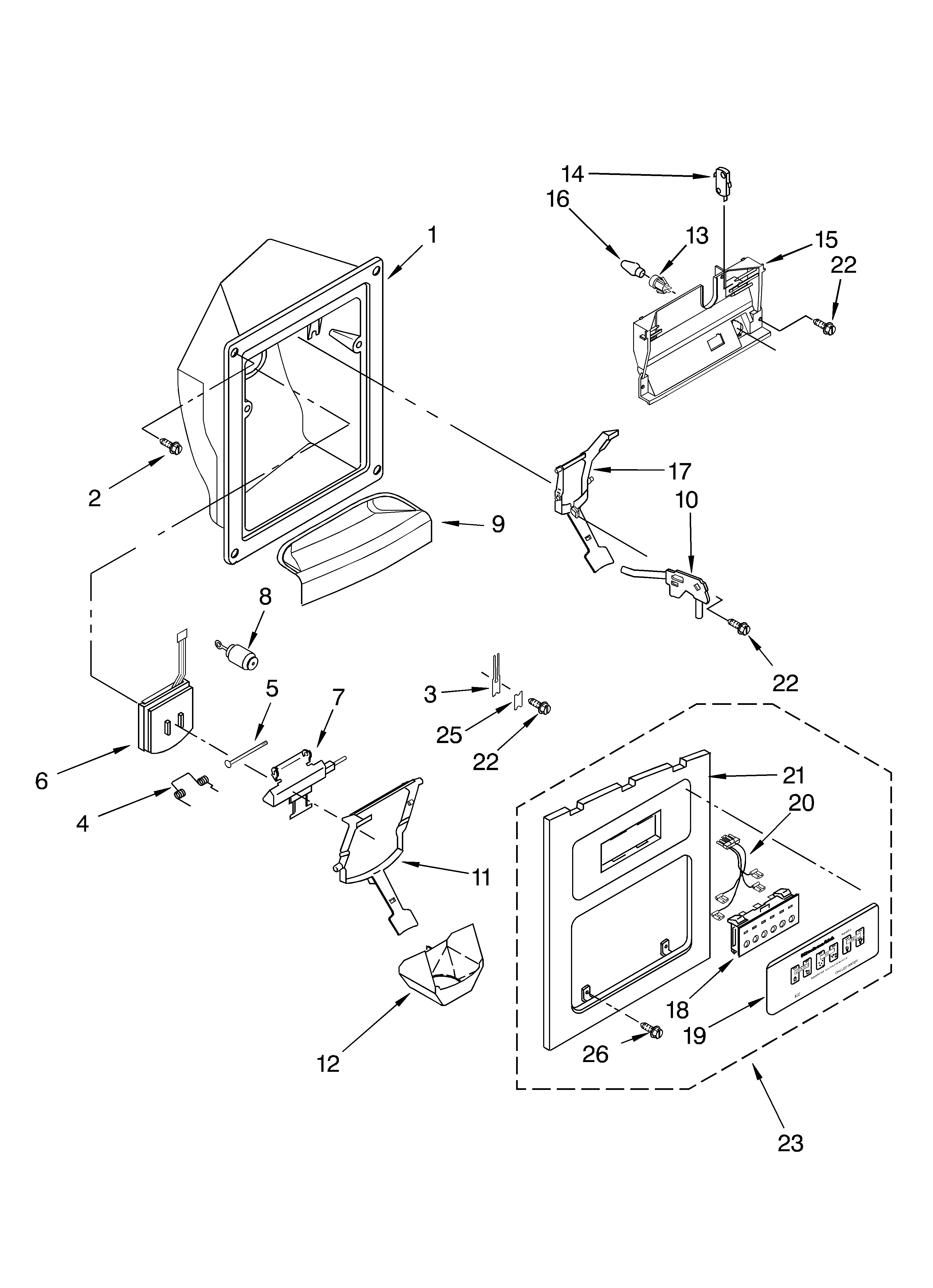 KitchenAid KSRS25CKBT03 dispenser front parts diagram