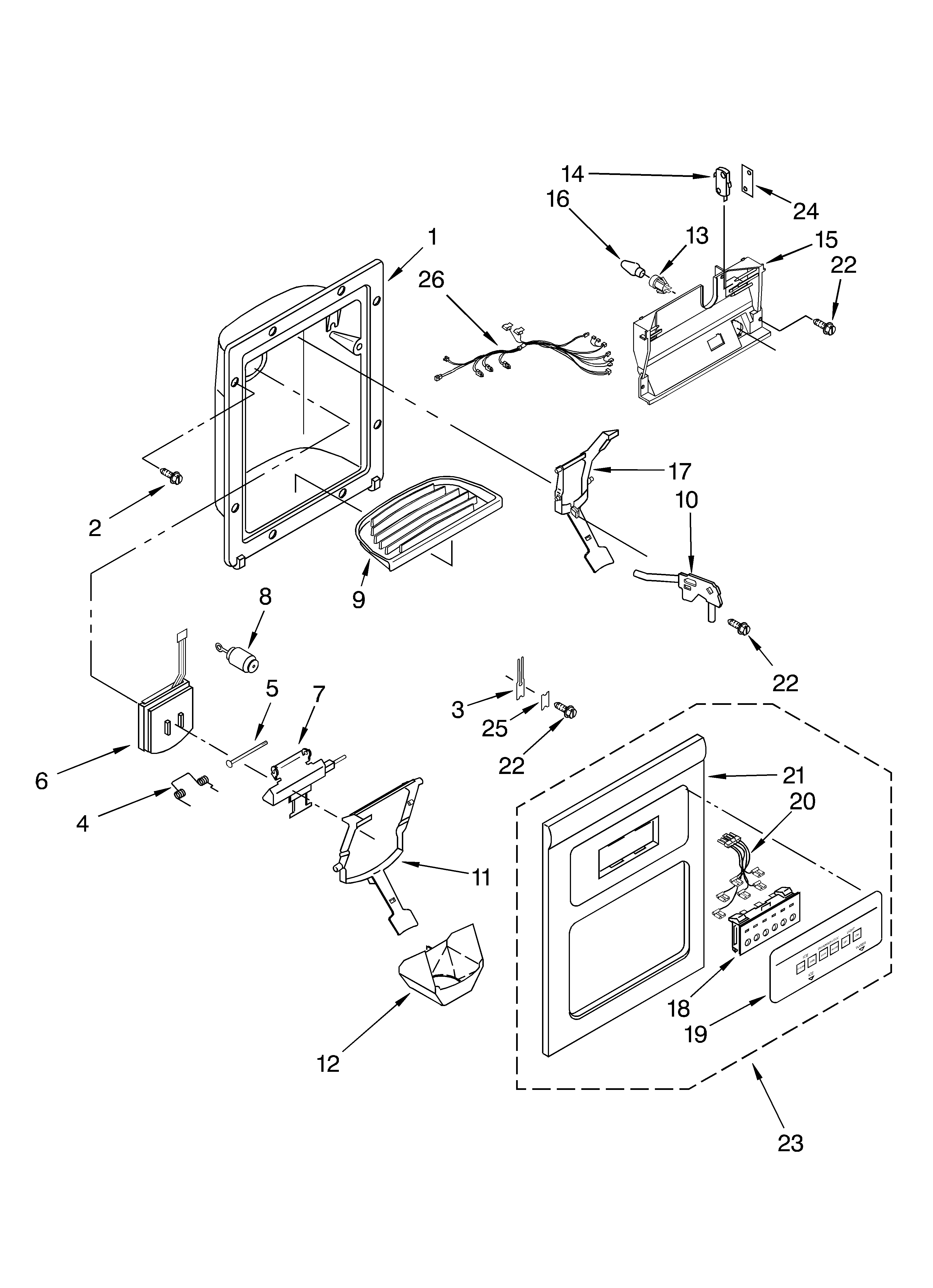 Whirlpool 6GC5THGXKS00 dispenser front parts diagram