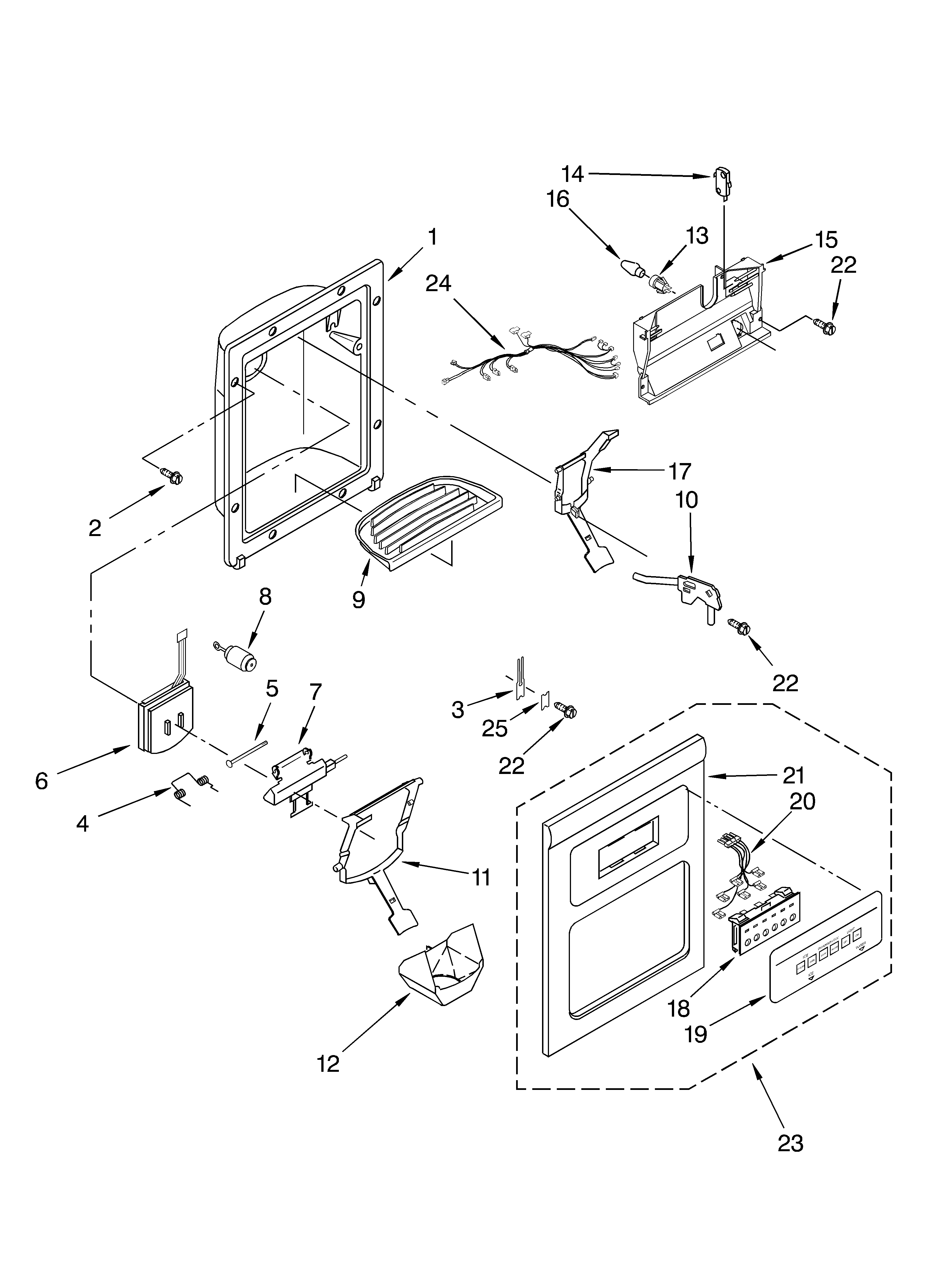 KitchenAid KSFS25FKBL00 dispenser front parts diagram