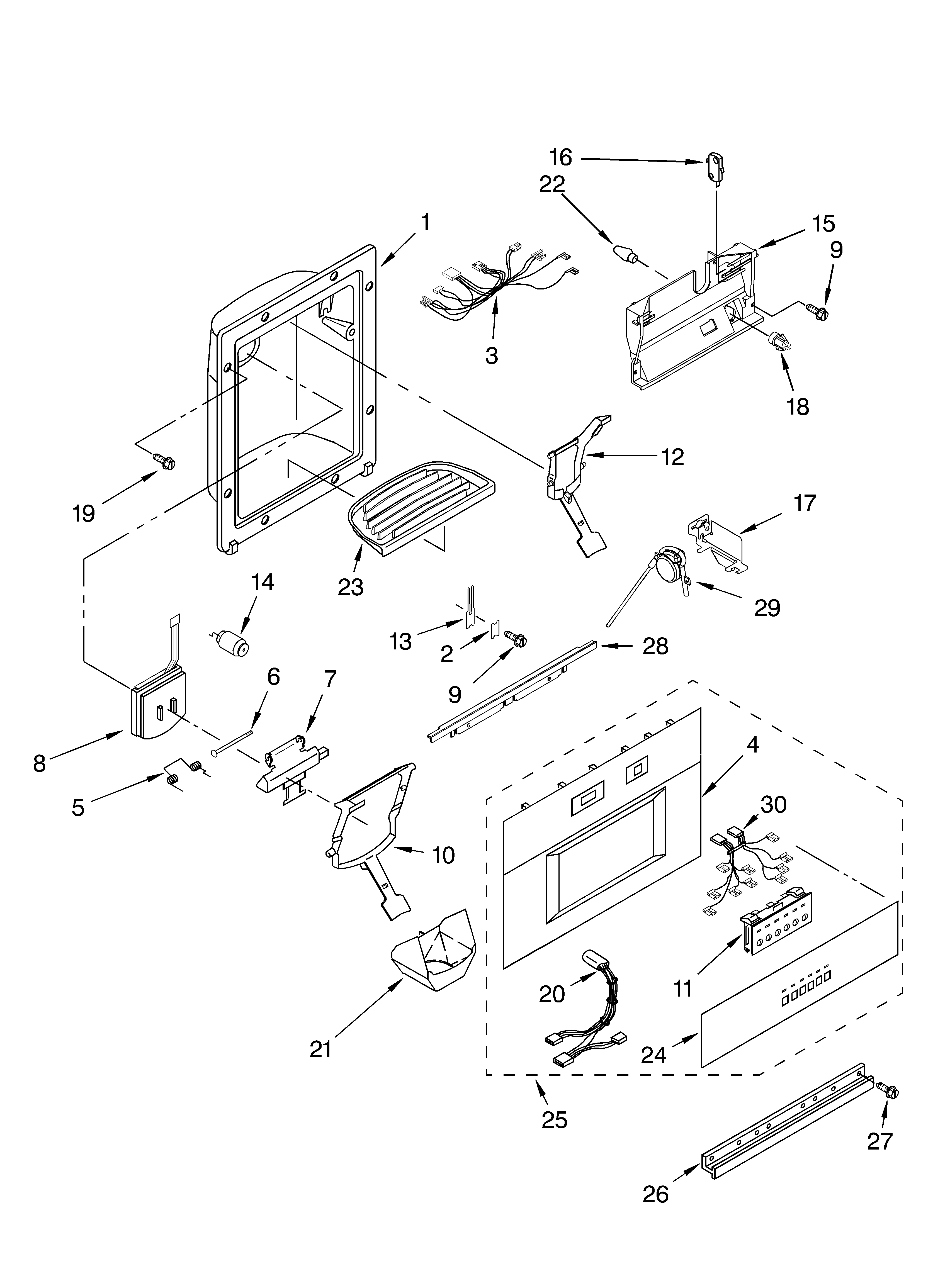KitchenAid KSSO36QMW00 dispenser and front parts diagram