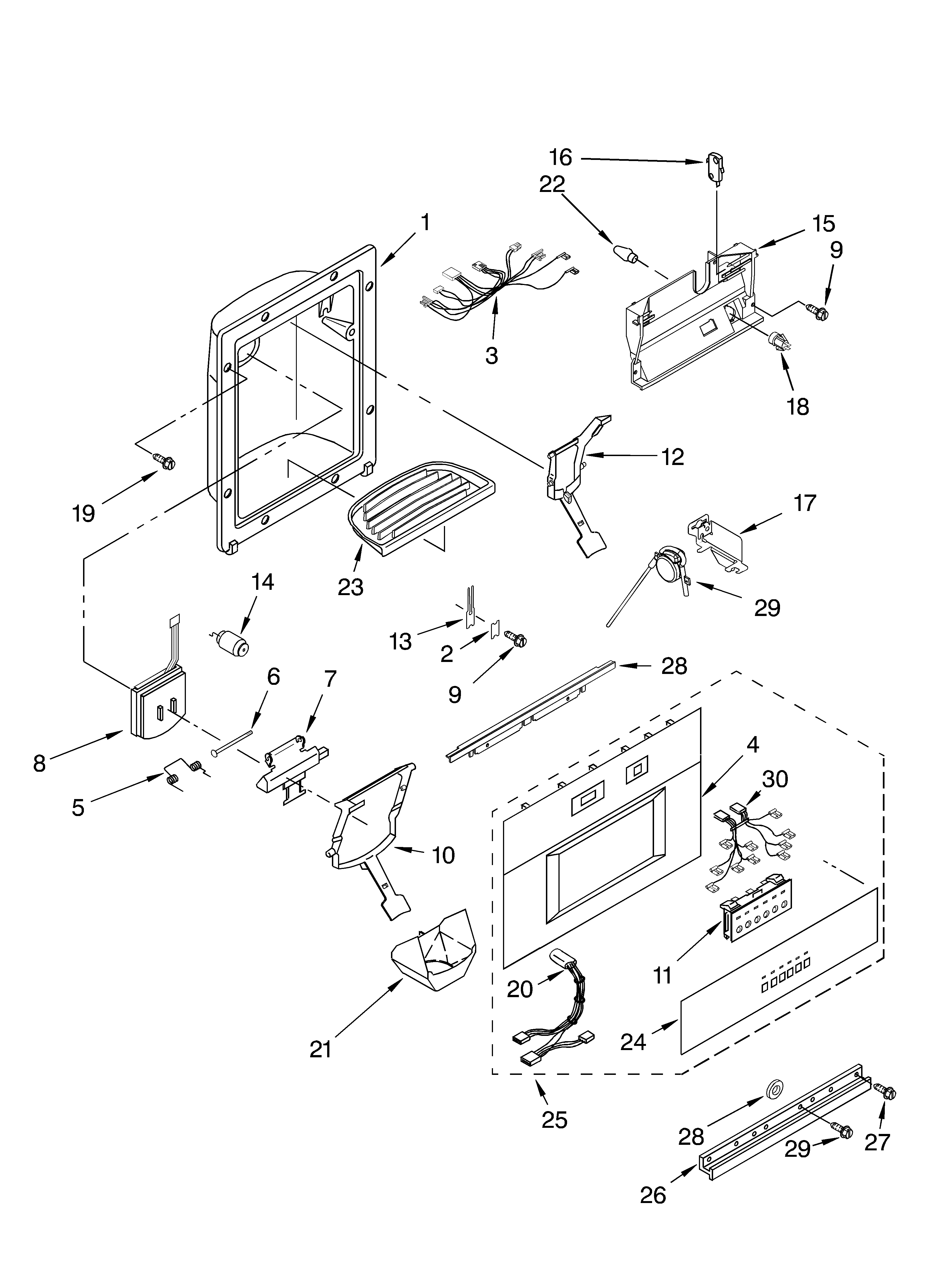 KitchenAid KSSS36QMB00 dispenser and front parts diagram