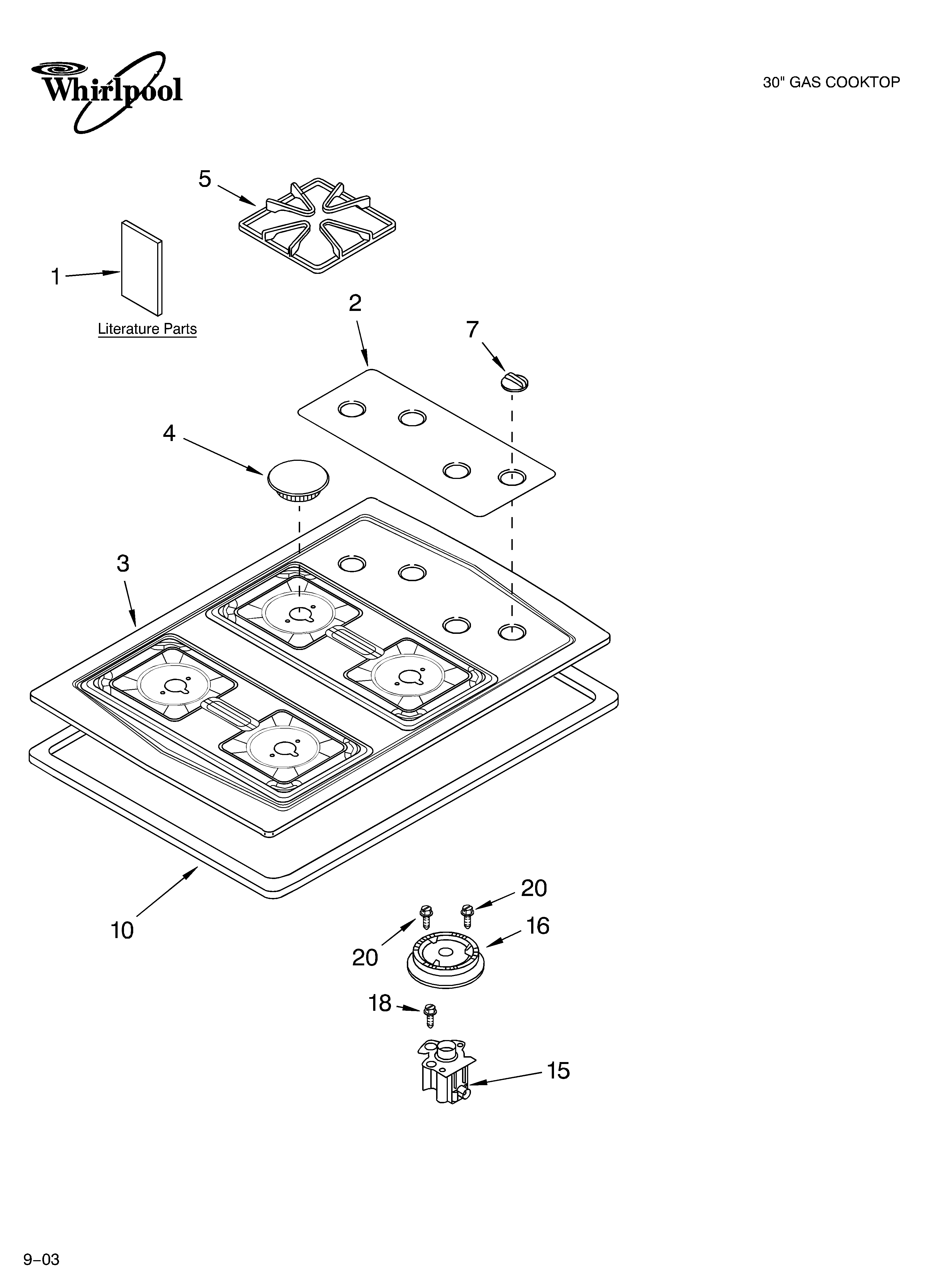 Whirlpool SCS3014LS01 cooktop, burner and grate parts diagram