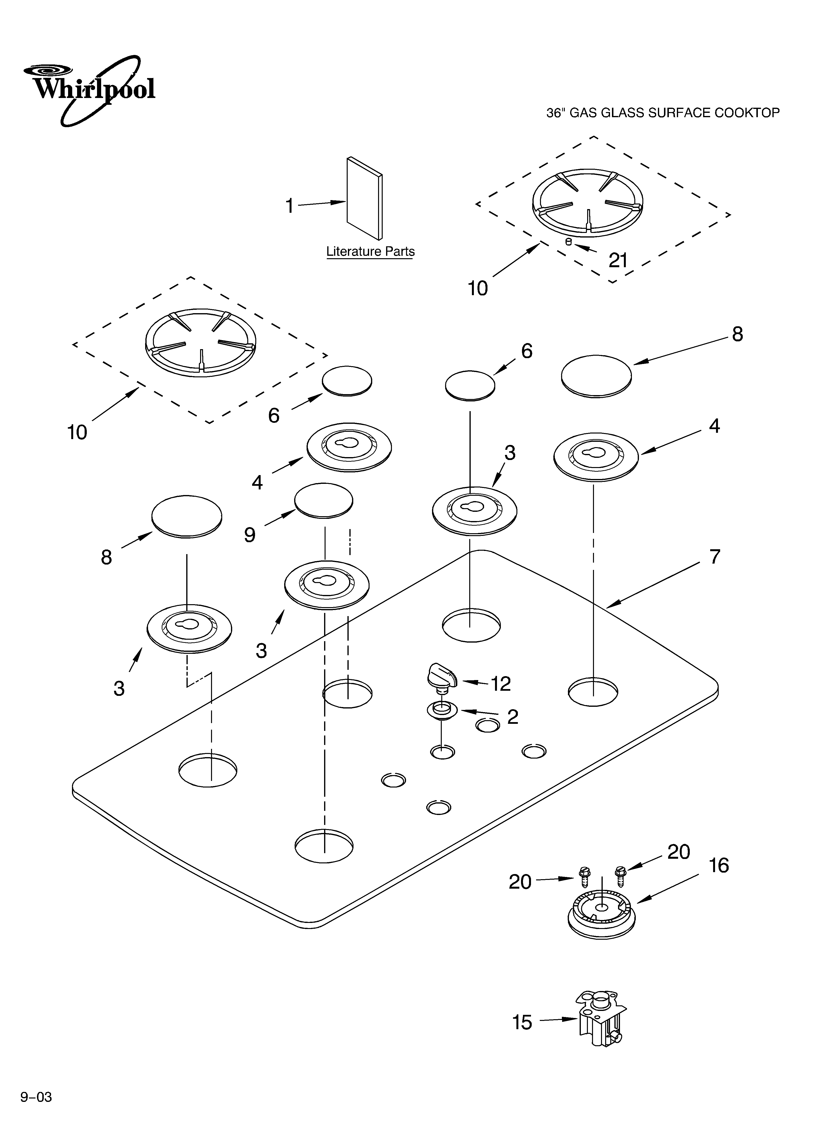Whirlpool GLT3615LB01 cooktop, burner and grate parts diagram