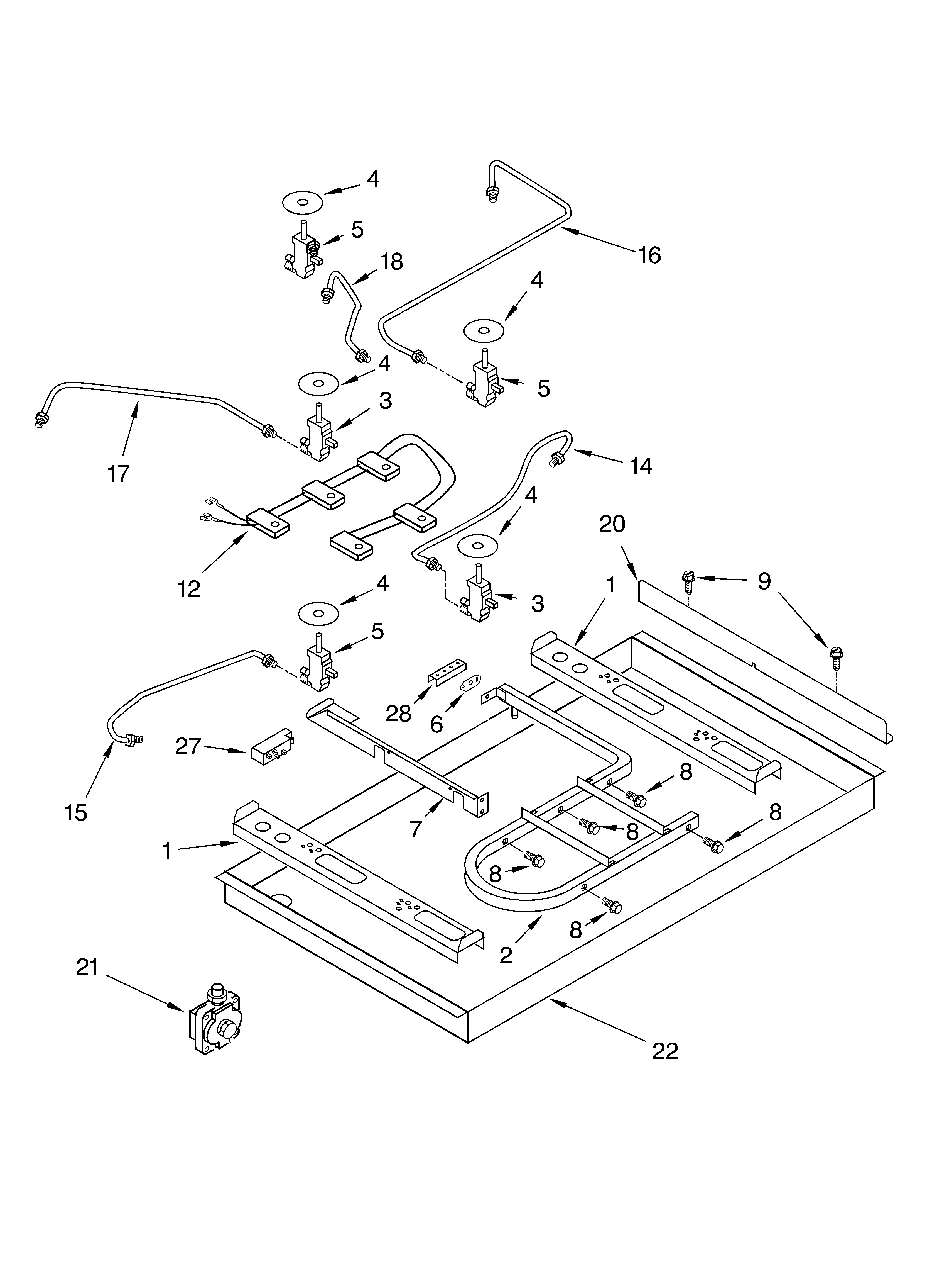 Whirlpool GLT3615LB01 burner box, gas valves, and switches diagram