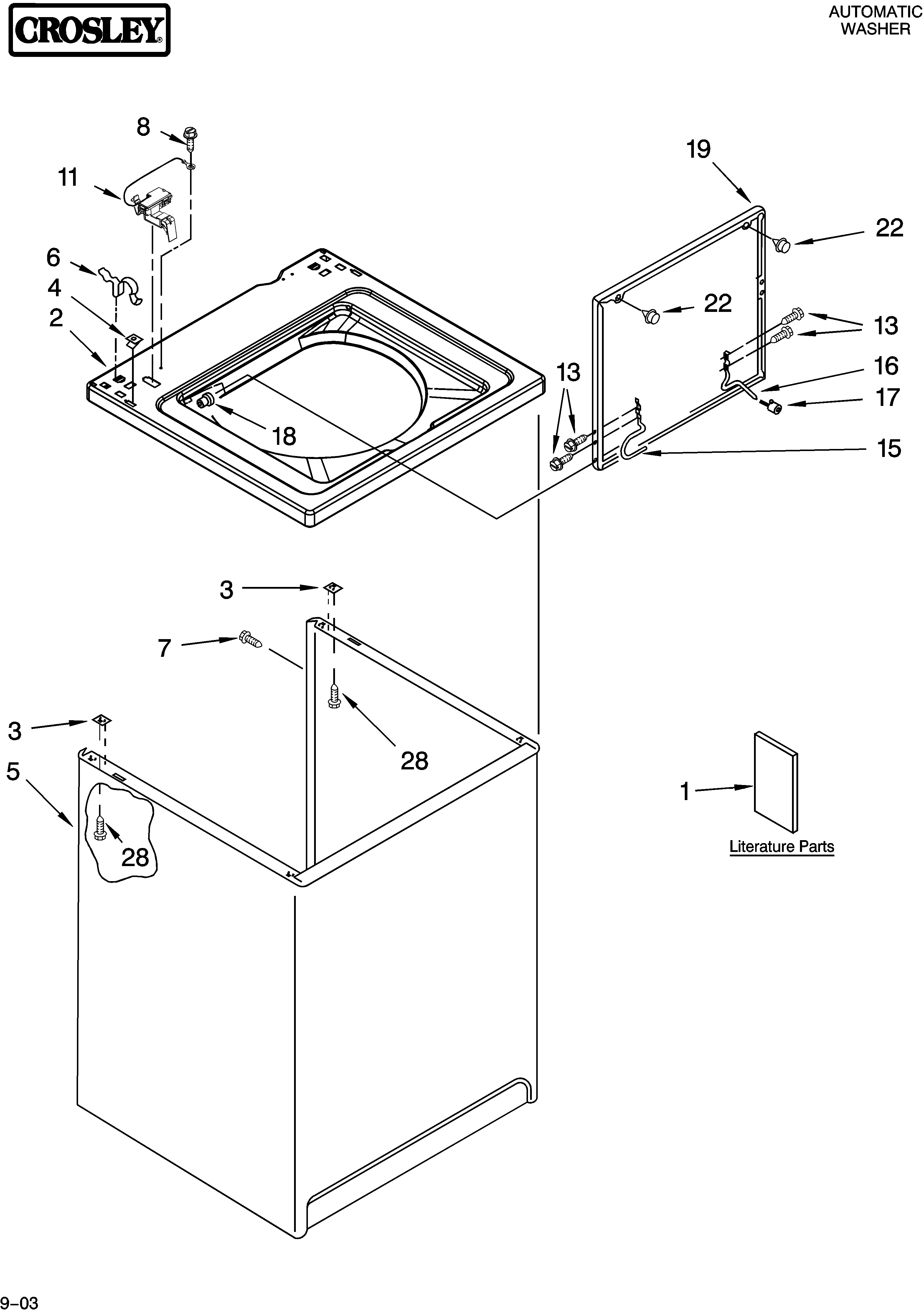 Crosley CAWB527MQ1 top and cabinet parts diagram