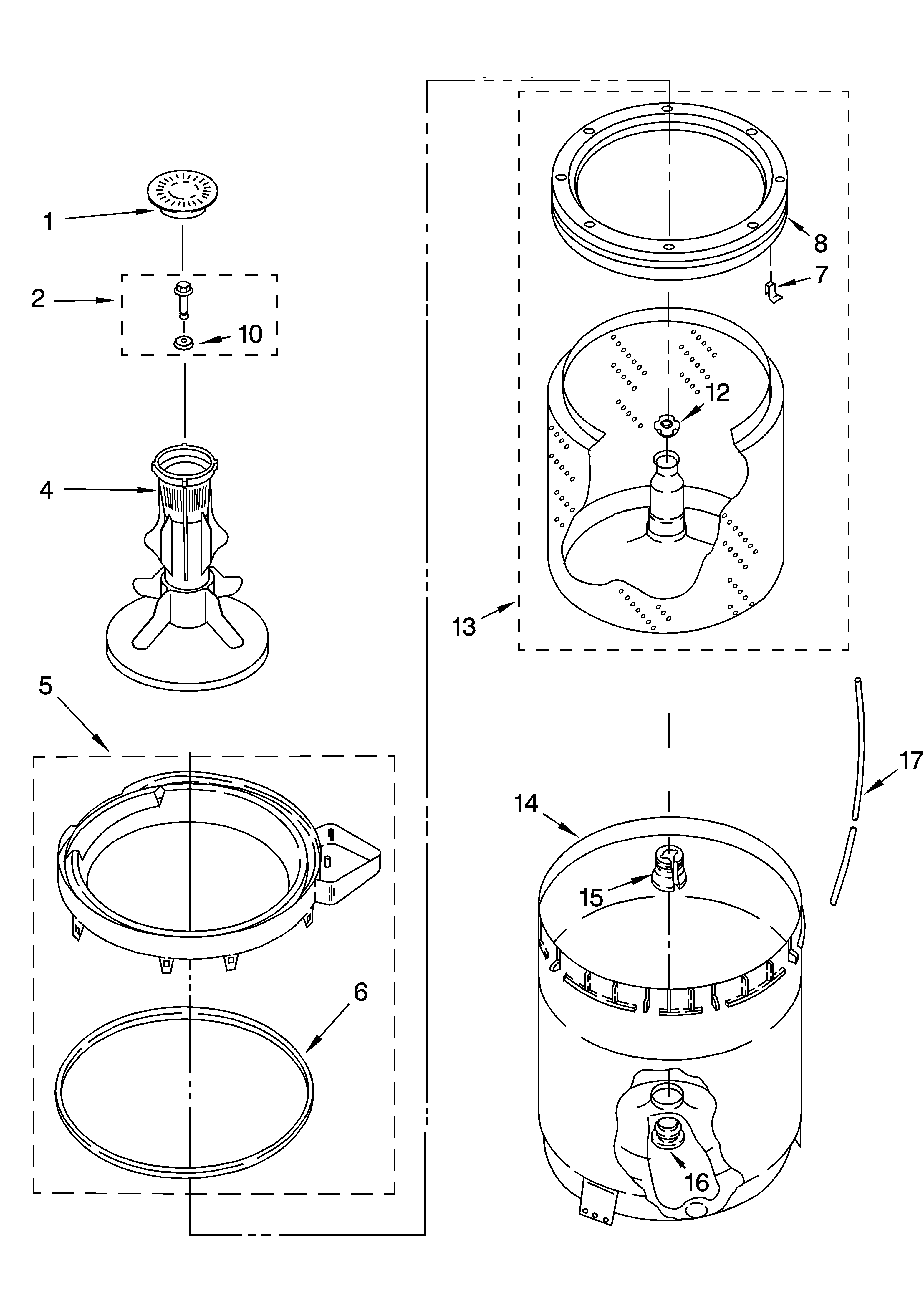 Crosley CAWB527MQ1 agitator, basket and tub parts diagram