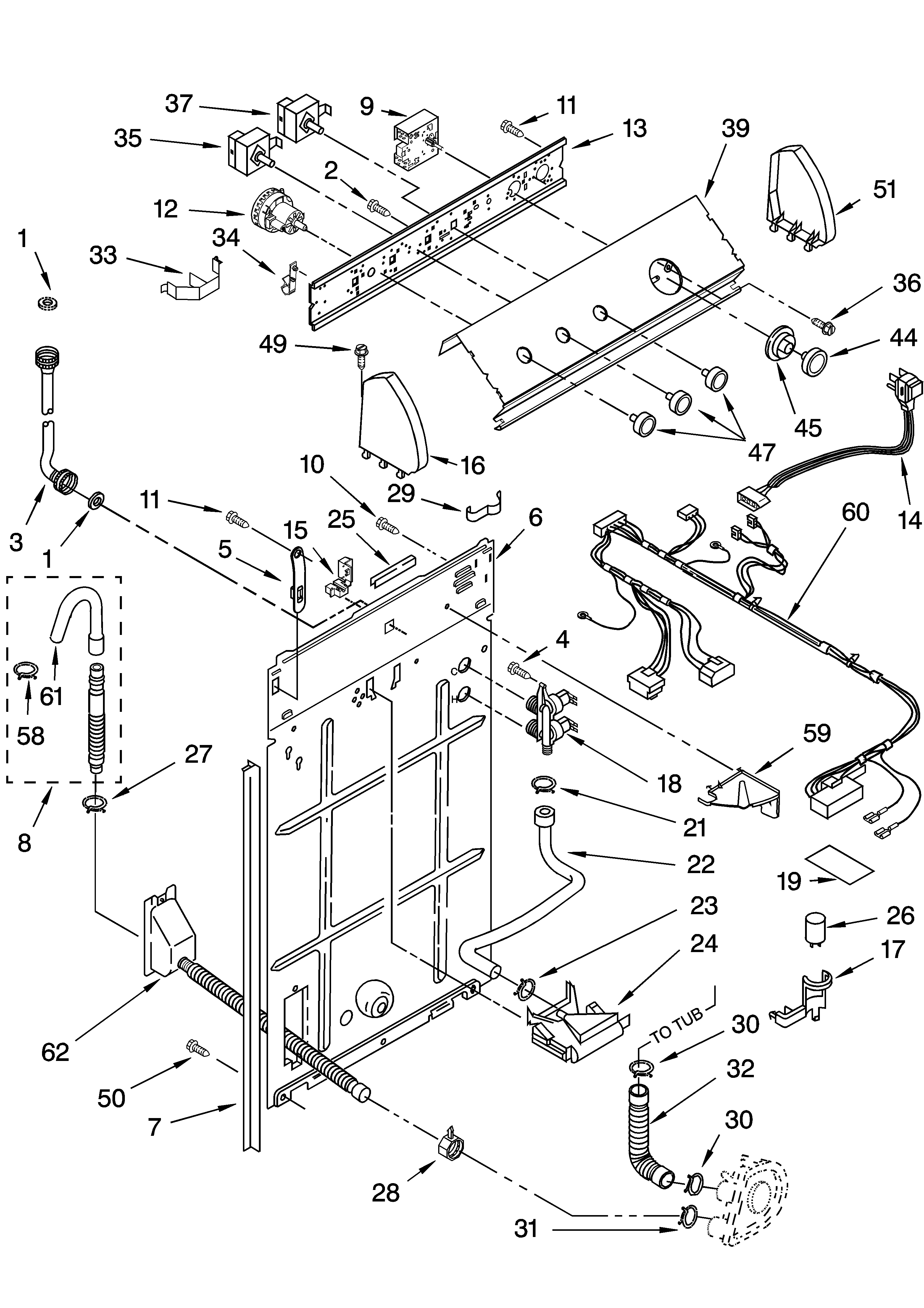 Whirlpool LSQ8000LQ1 controls and rear panel parts diagram