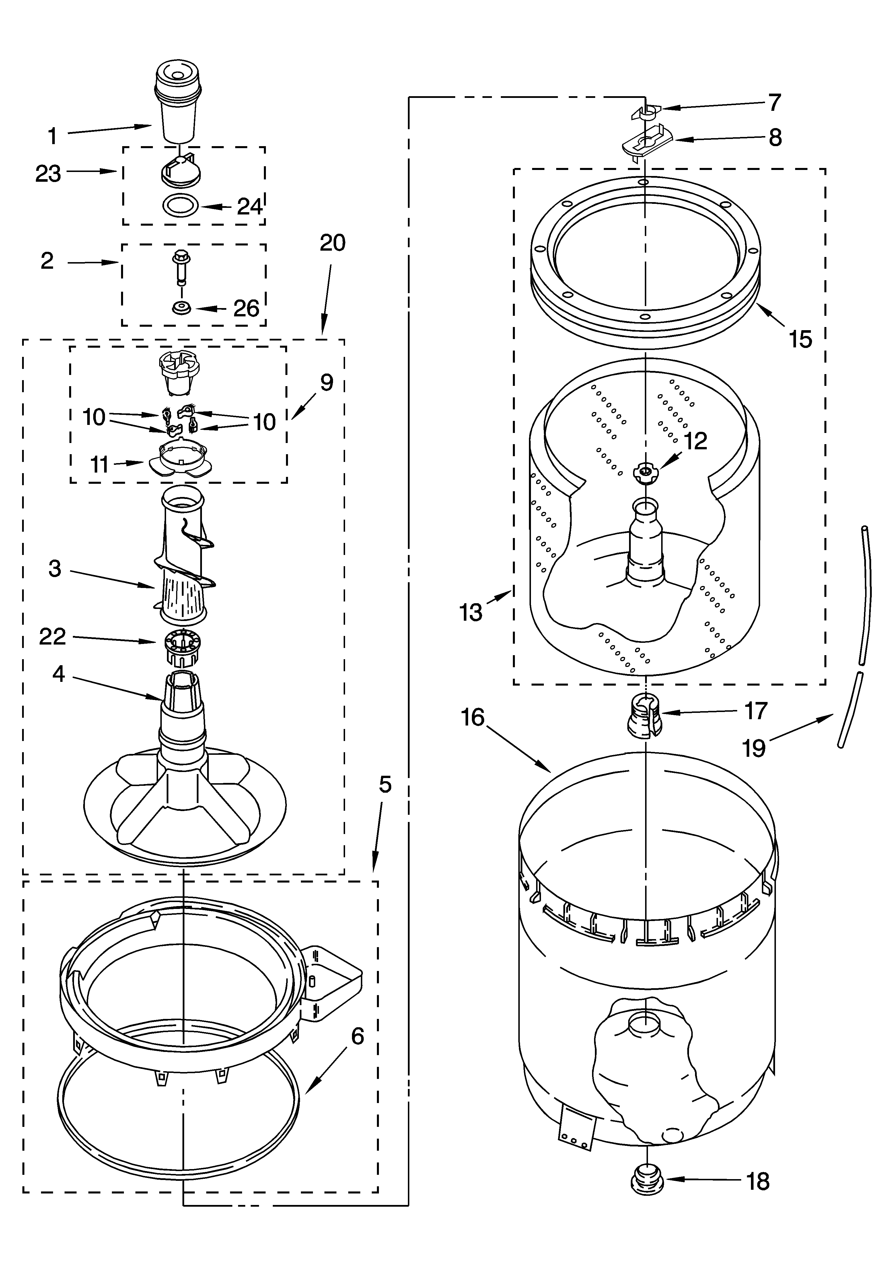 Whirlpool LSQ8000LQ1 agitator, basket and tub parts diagram