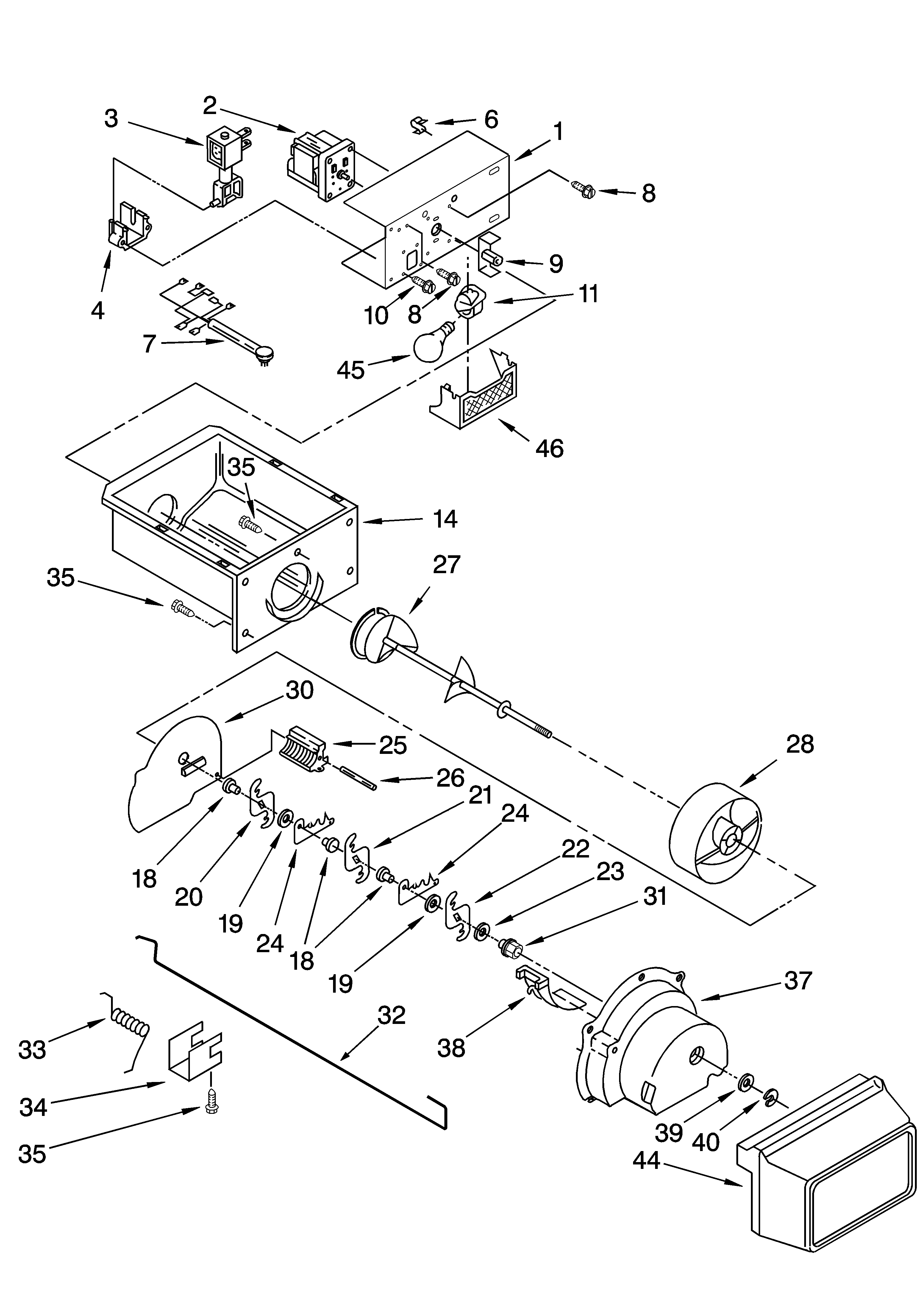 Kirkland SS25AFXLQ01 motor and ice container parts diagram