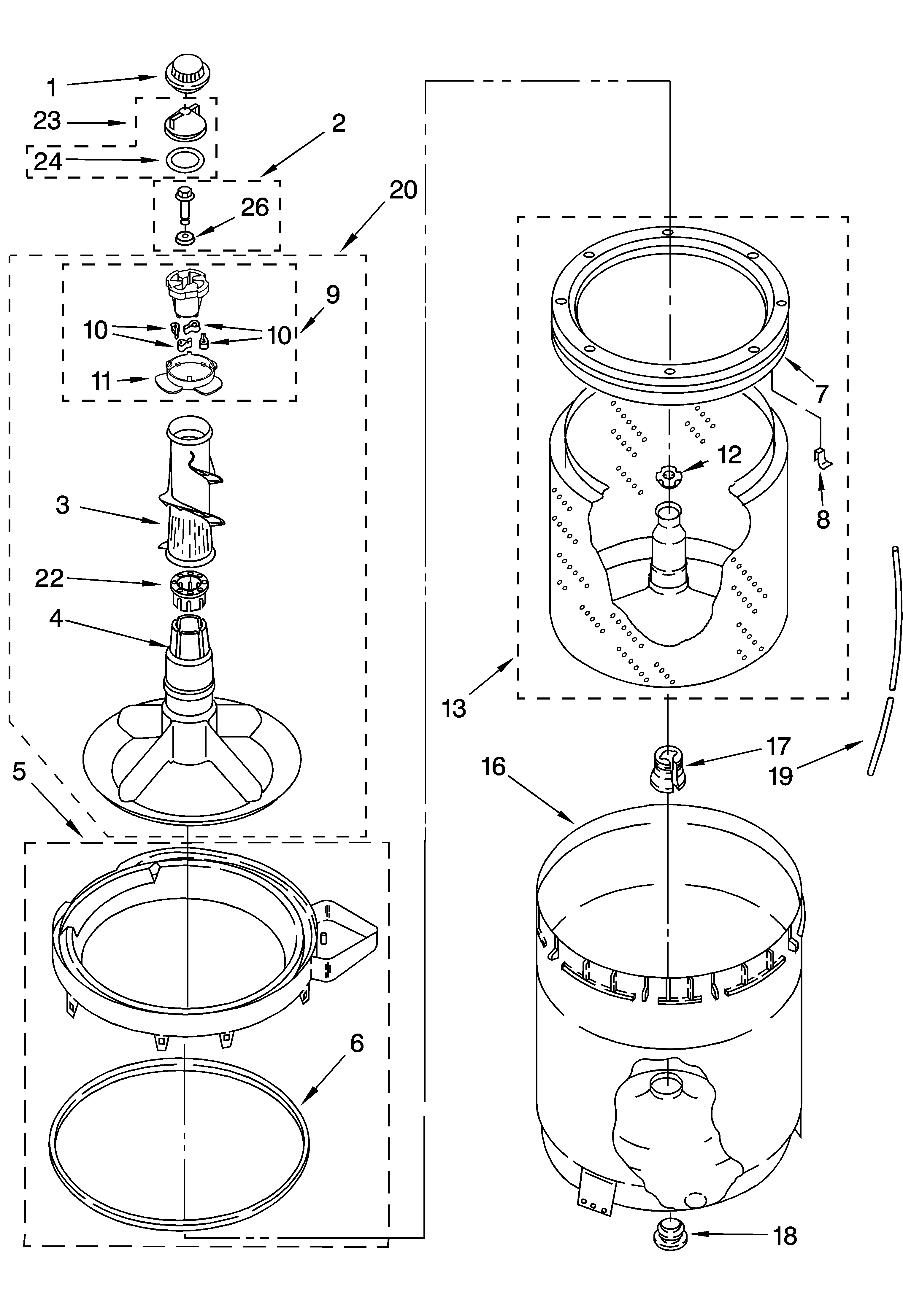 Estate TAWX700JQ2 agitator, basket and tub parts diagram