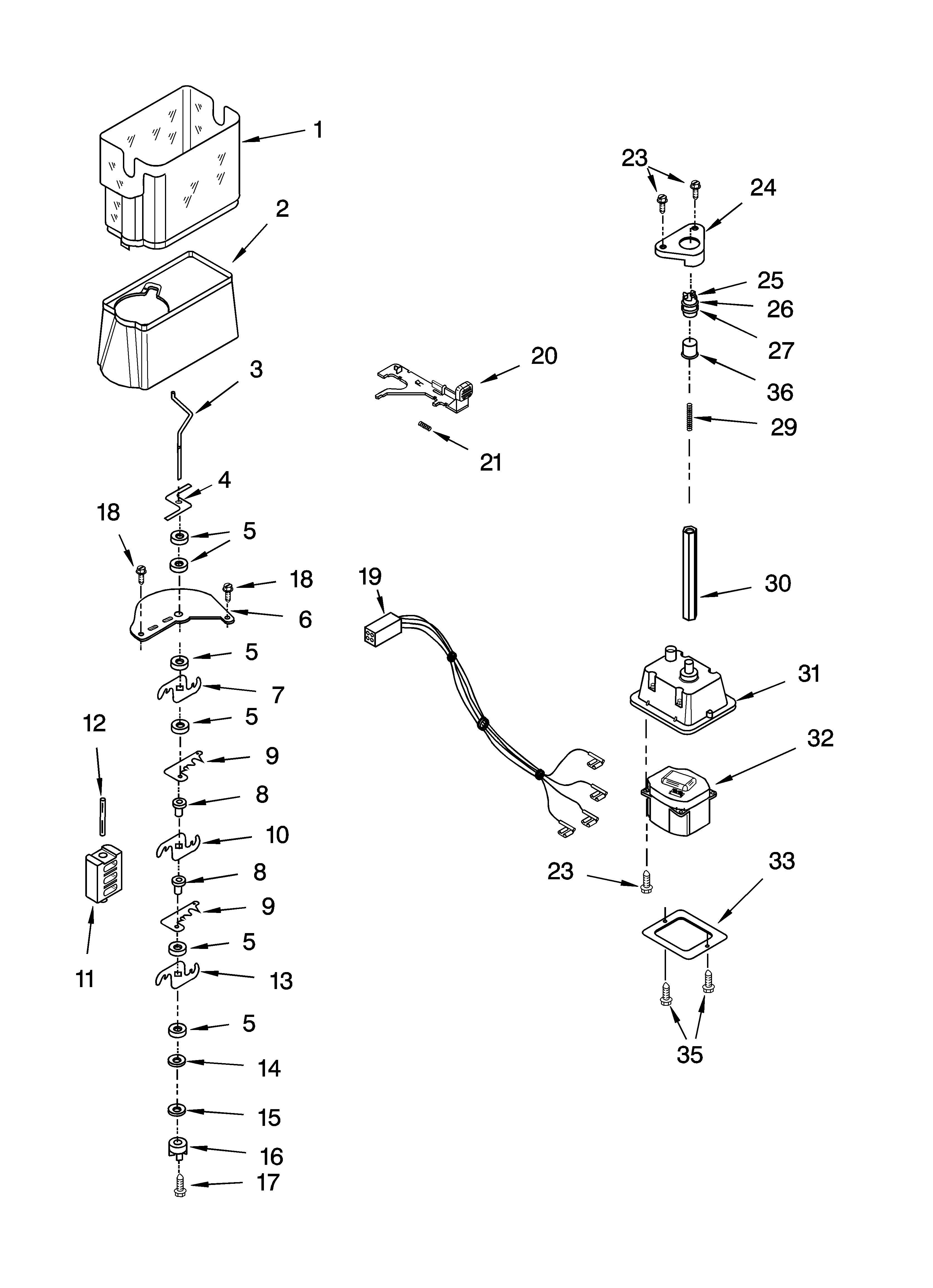 Whirlpool 7GS2SHAXMS00 motor and ice container parts diagram