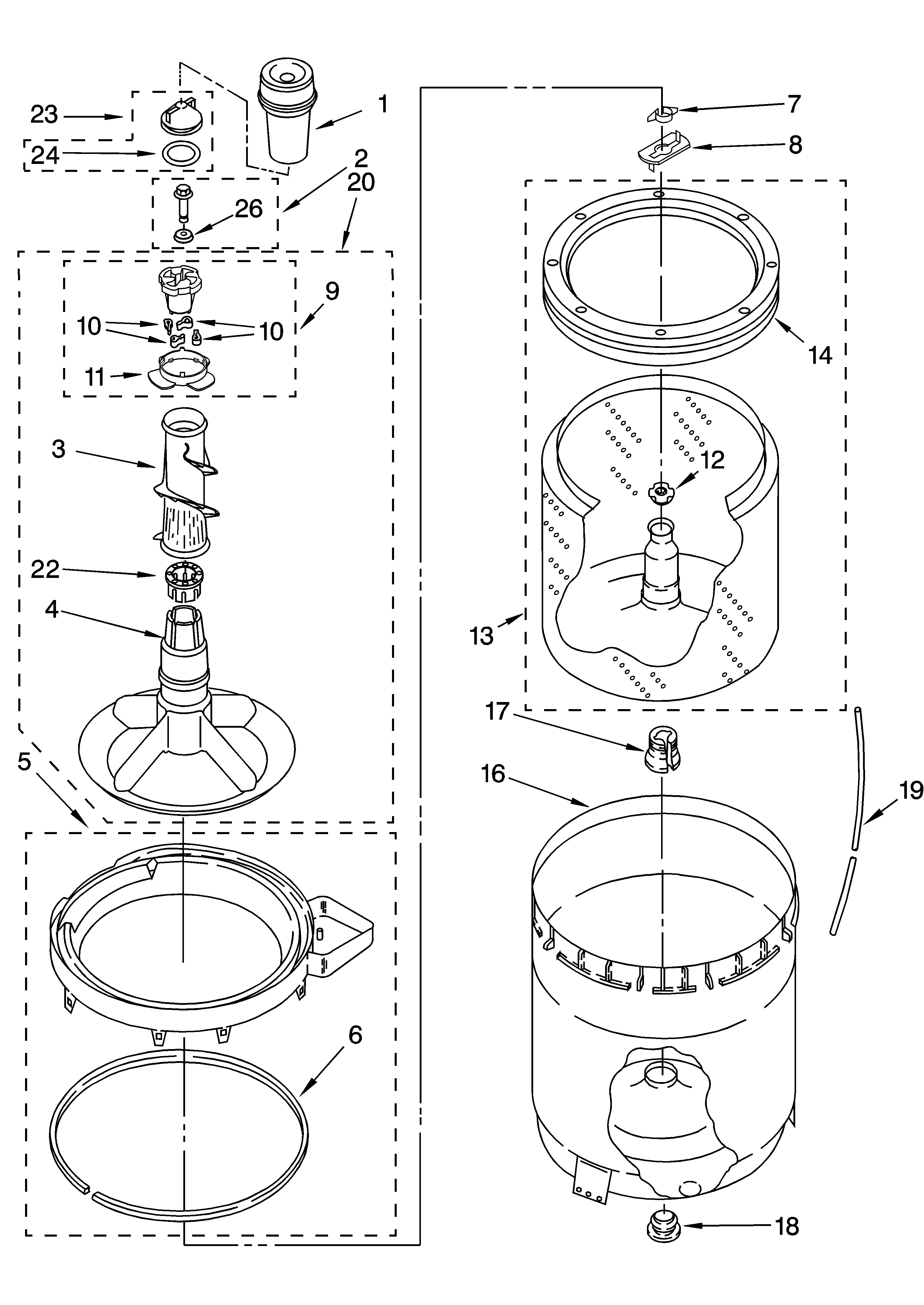 Whirlpool 7MLSQ8543JT6 agitator, basket and tub parts diagram