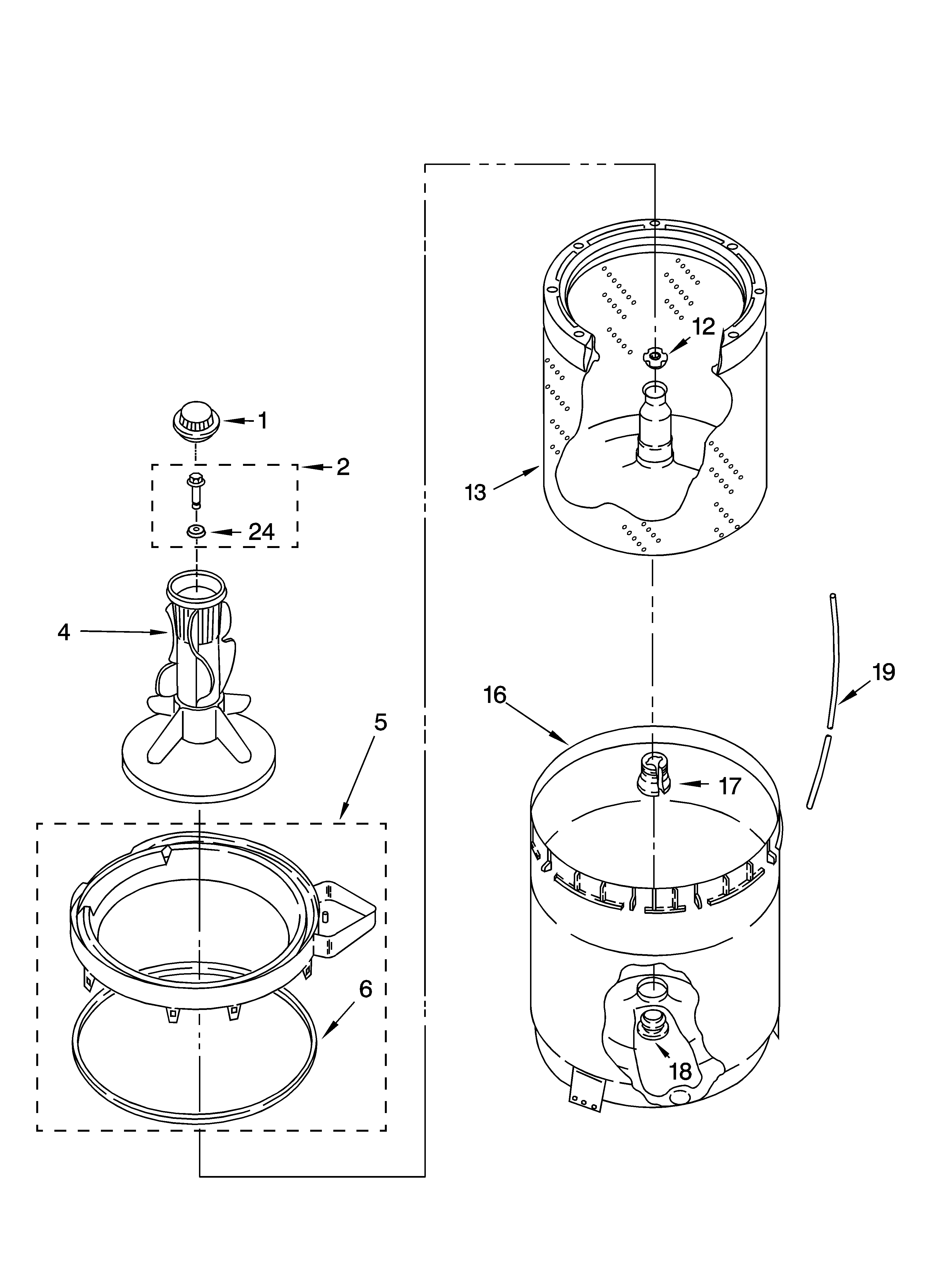 Whirlpool 7MLSR6232JQ4 agitator, basket and tub parts diagram