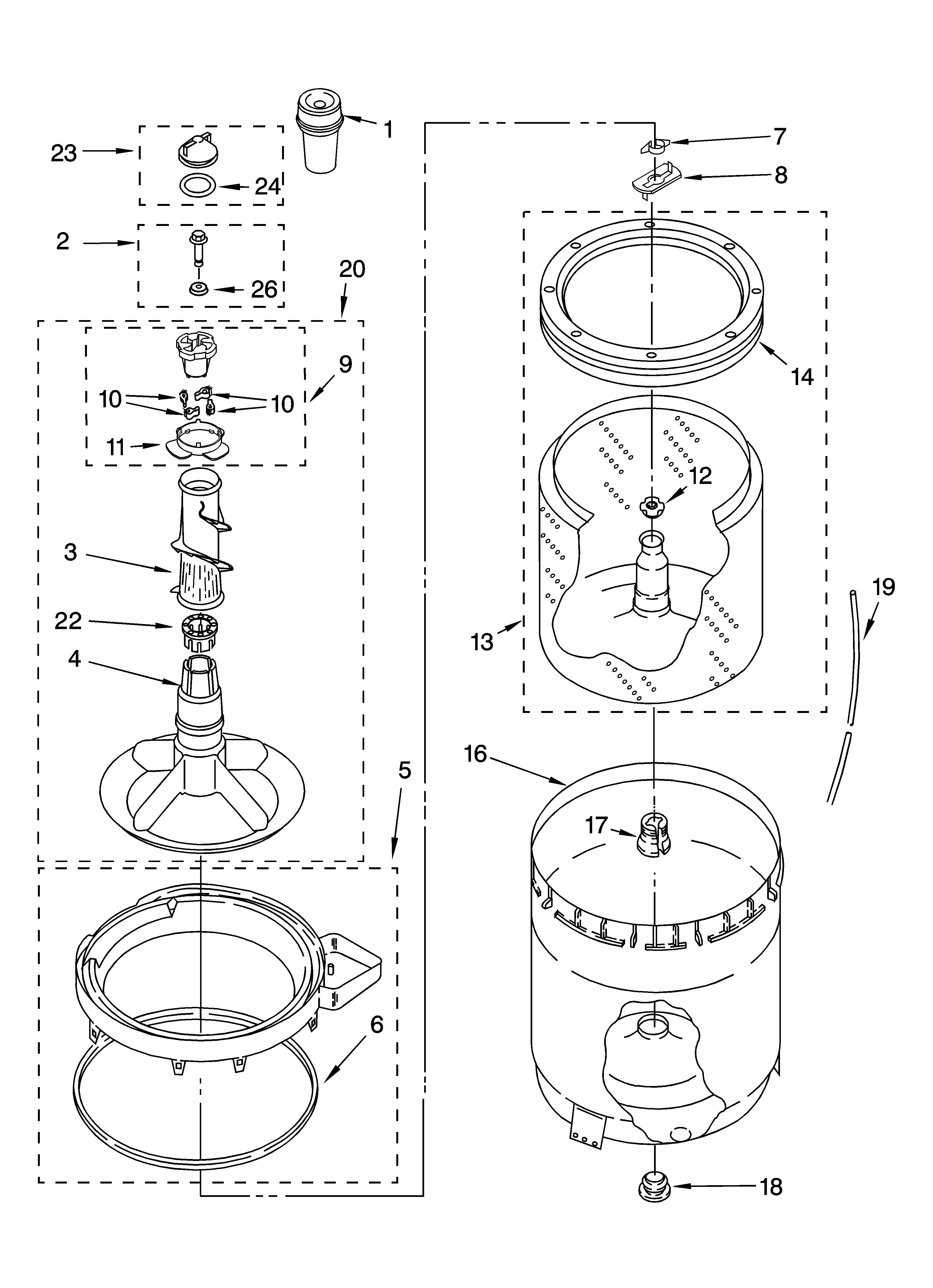 Whirlpool 7MLSR7533JT6 agitator, basket and tub parts diagram