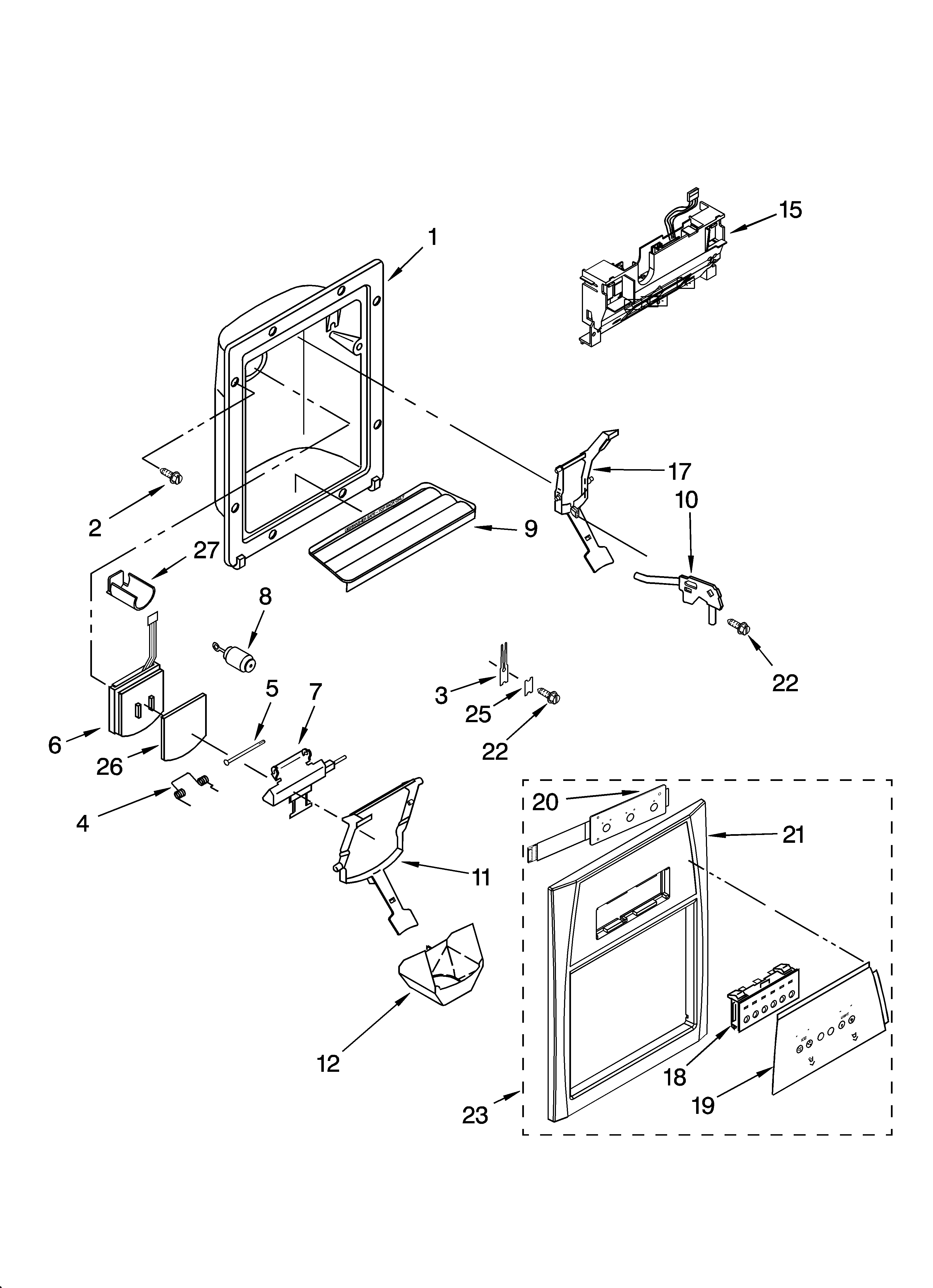 Whirlpool GS2SHAXMT00 dispenser front parts diagram