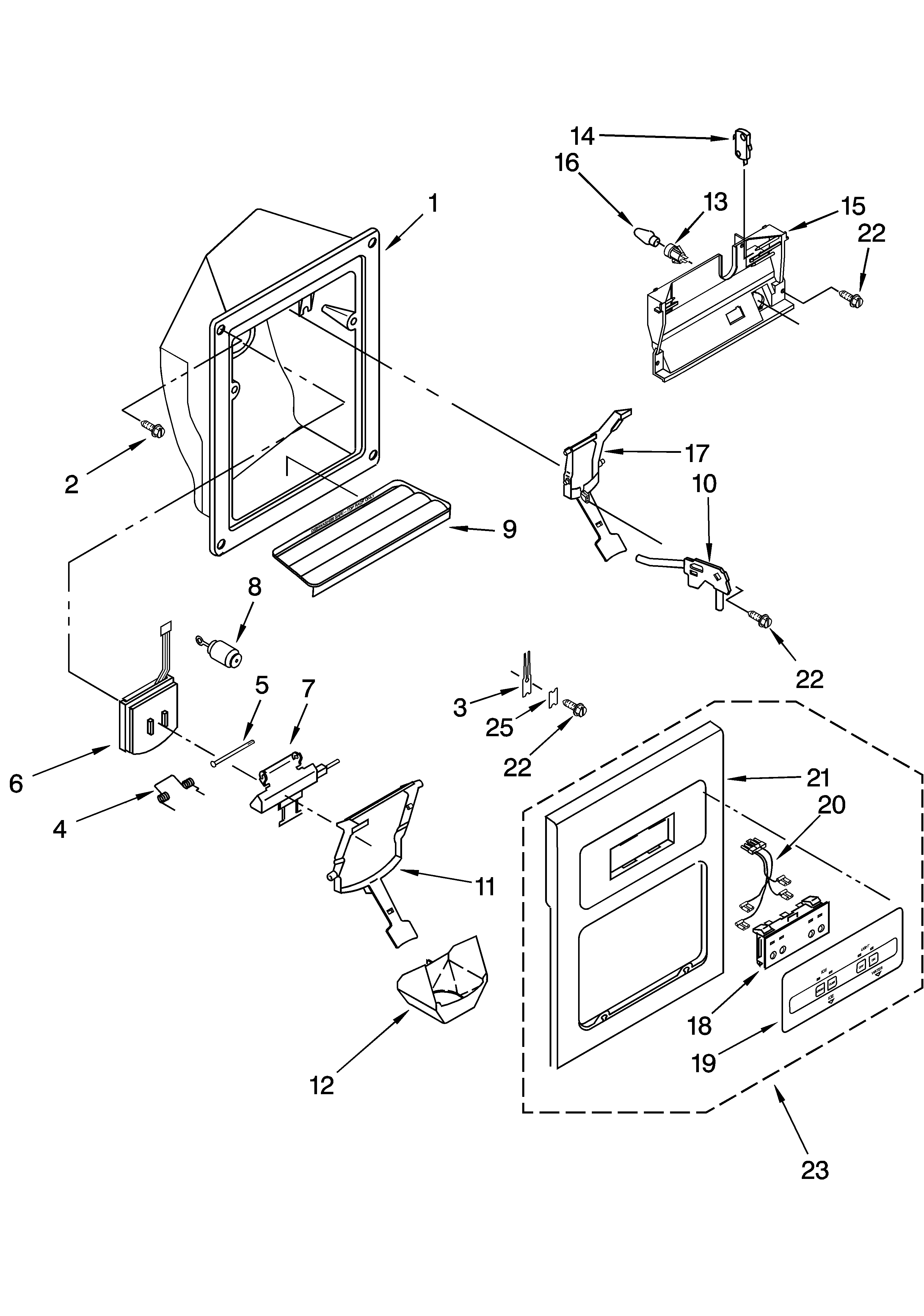 KitchenAid KSRB22FKBL14 dispenser front parts diagram