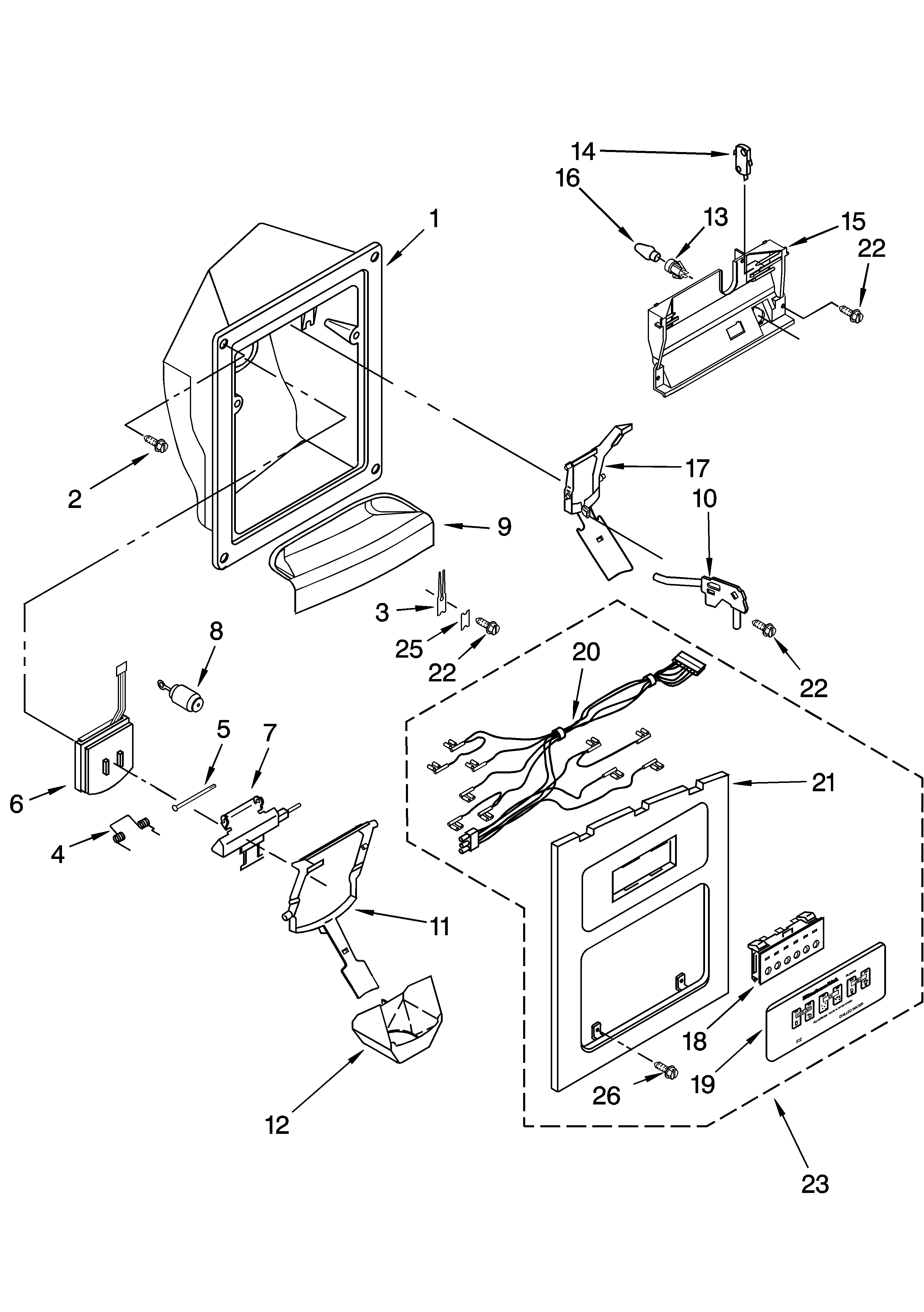 KitchenAid KSRB25FKSS14 dispenser front parts diagram