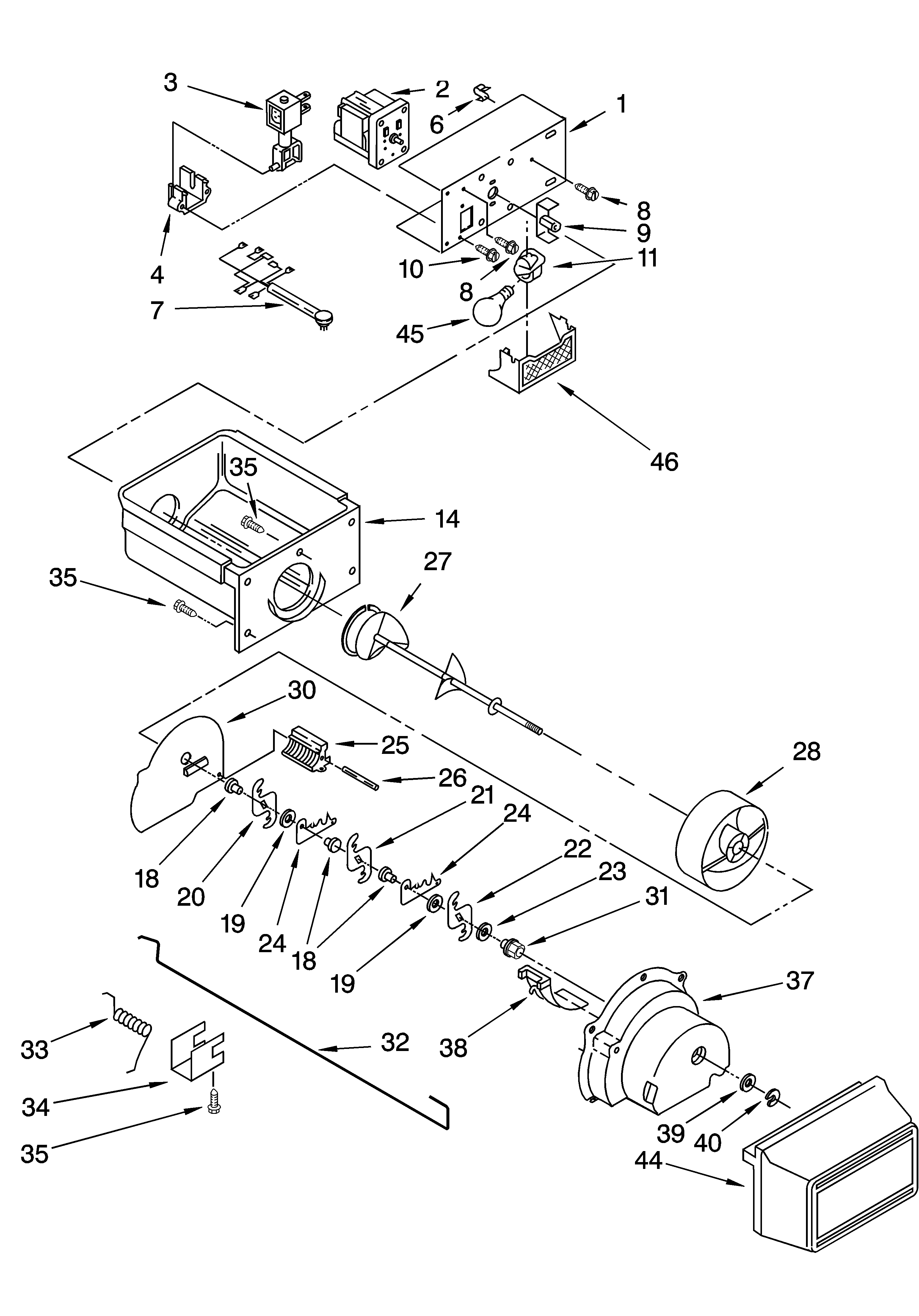 KitchenAid KSRD22FKBT14 motor and ice container parts diagram