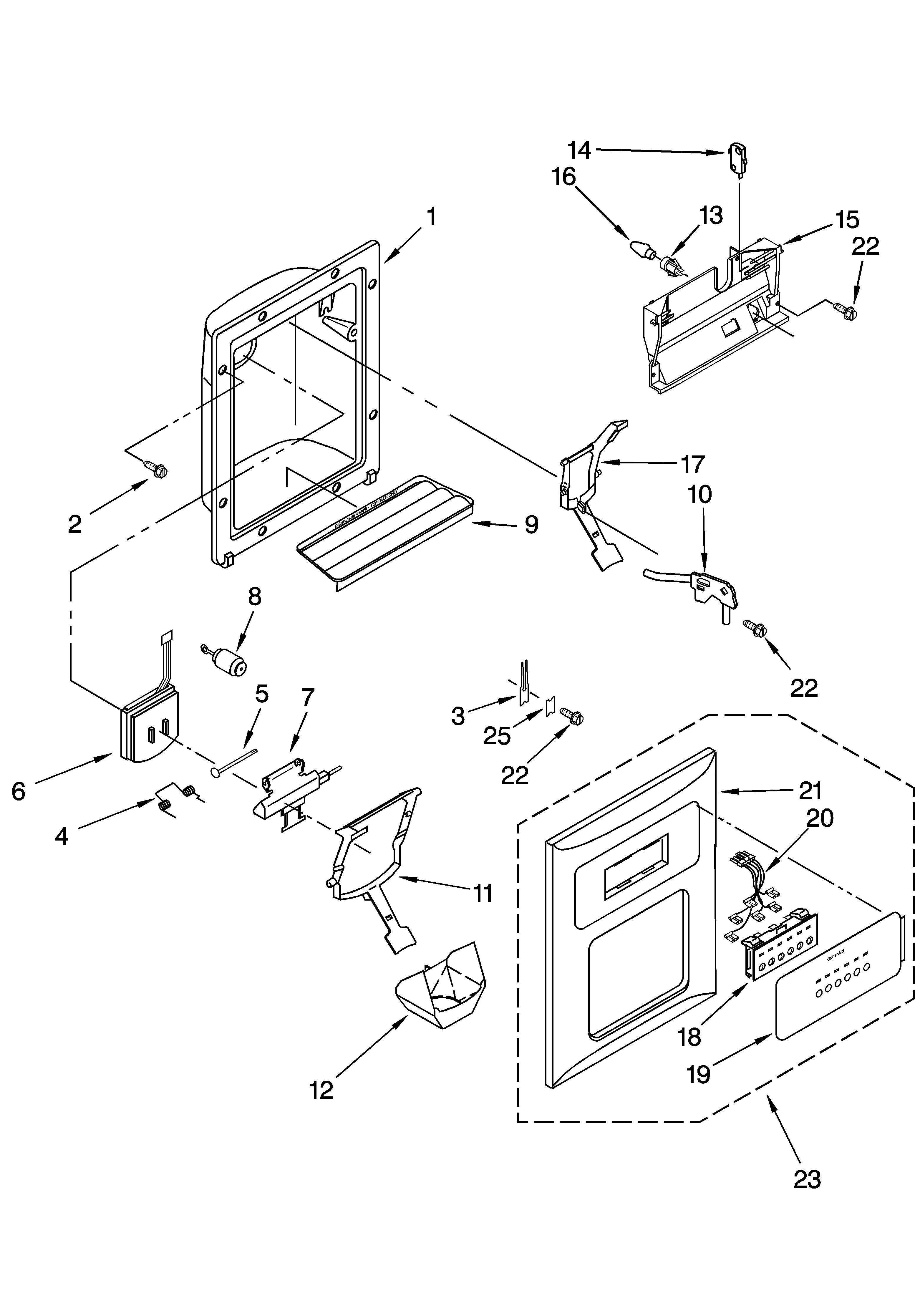 KitchenAid KSRD22FKBT14 dispenser front parts diagram