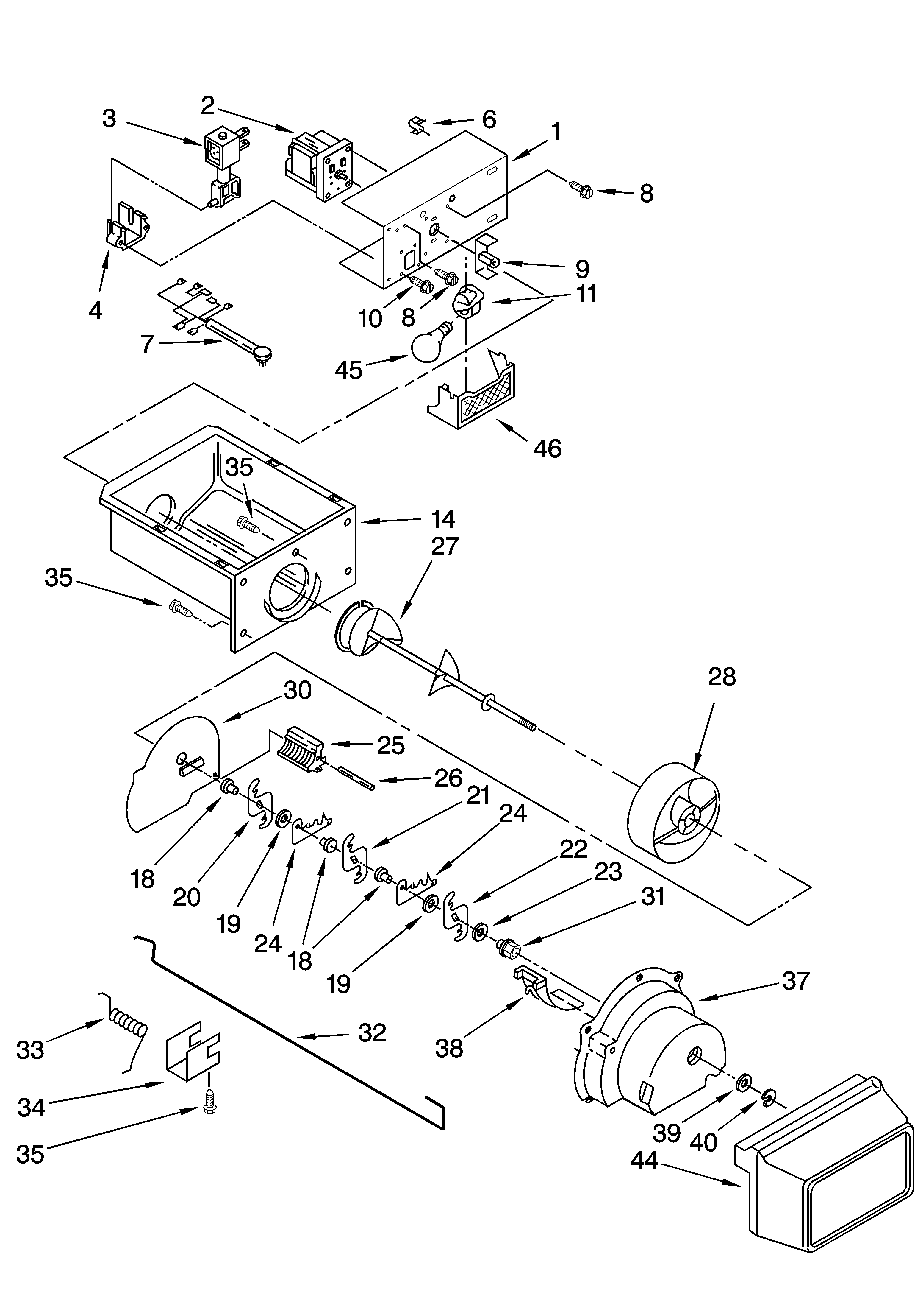 KitchenAid KSRD25FKBL14 motor and ice container parts diagram