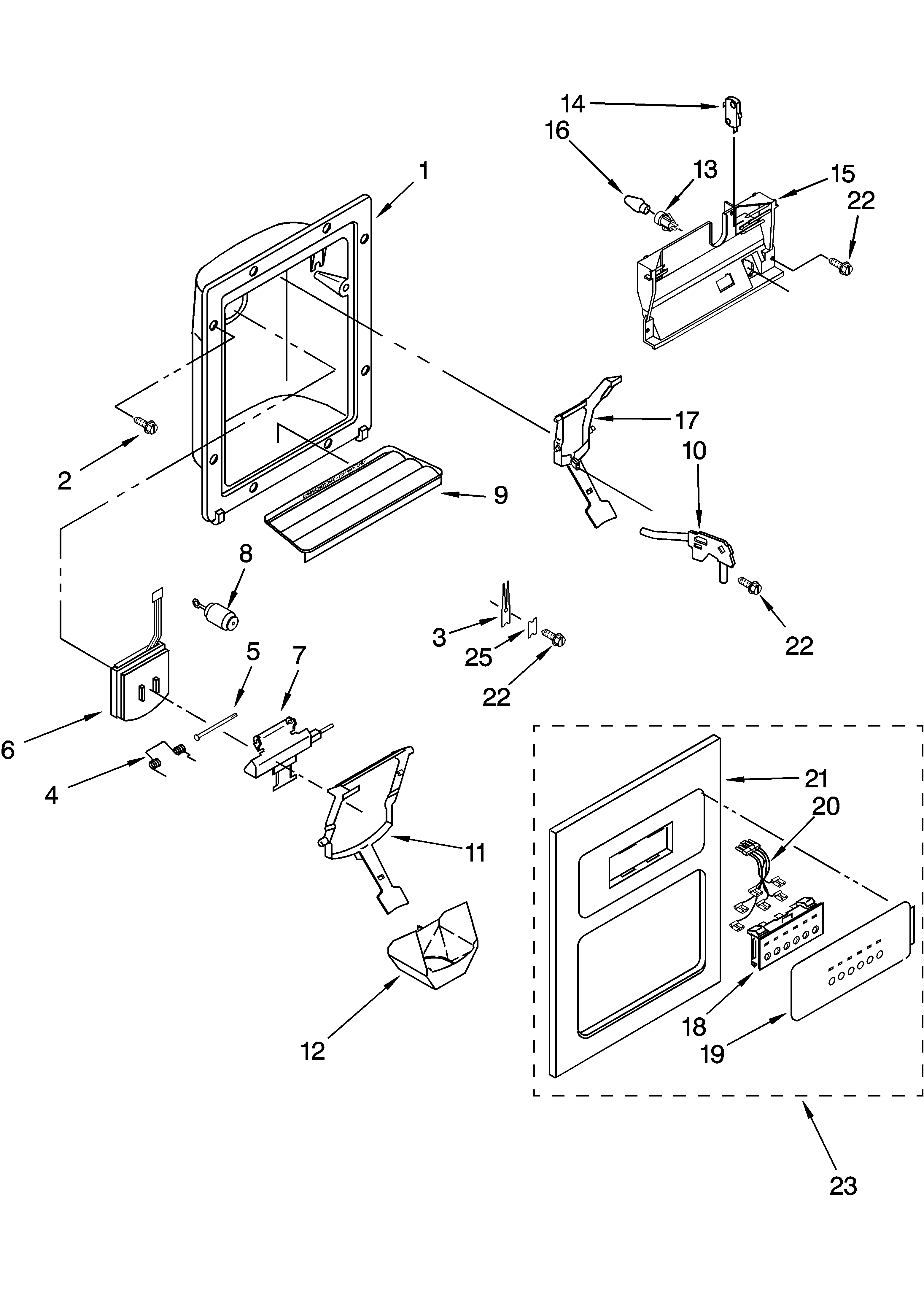KitchenAid KSRD25FKBL14 dispenser front parts diagram