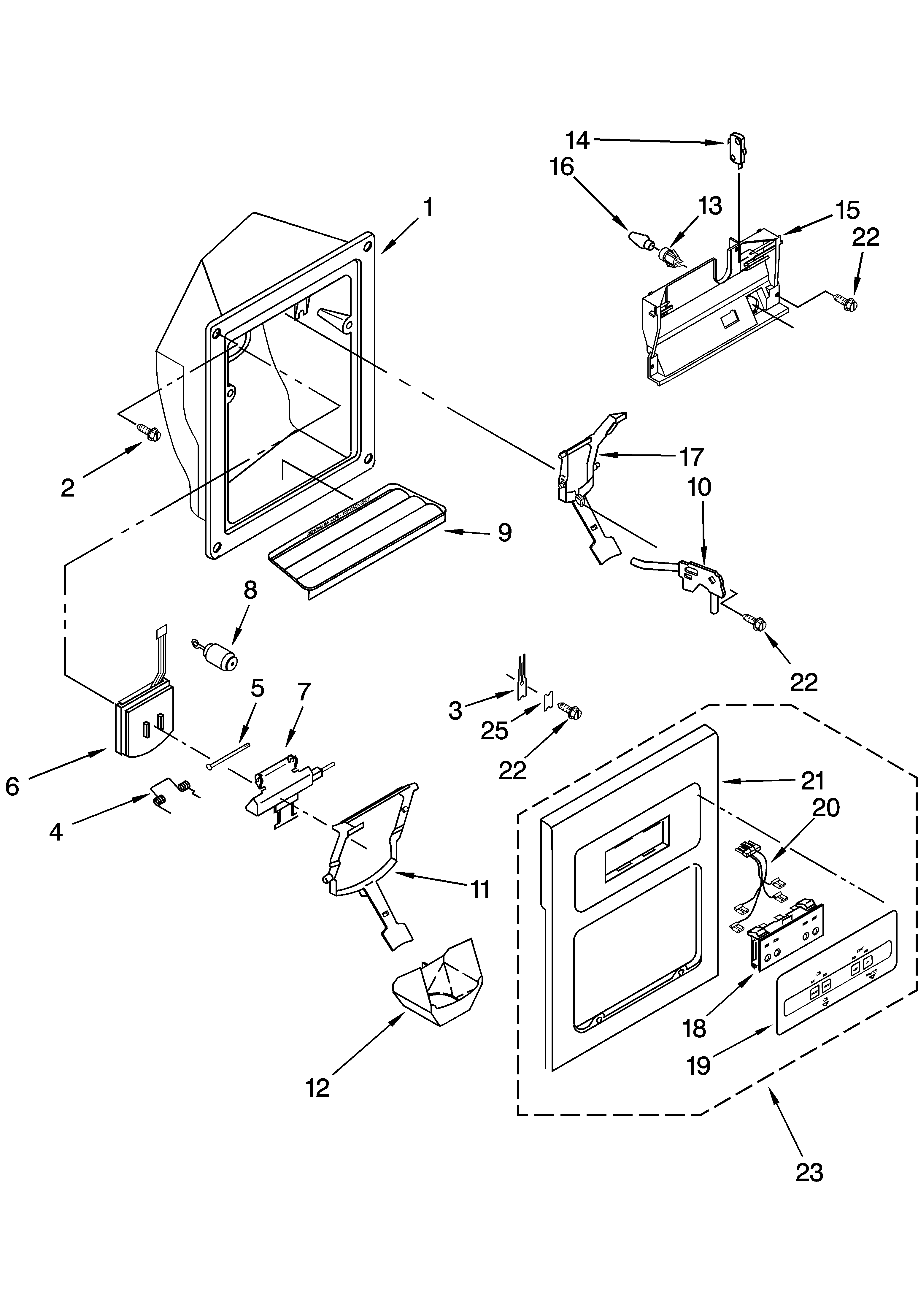 KitchenAid KSRG22FKBL15 dispenser front parts diagram