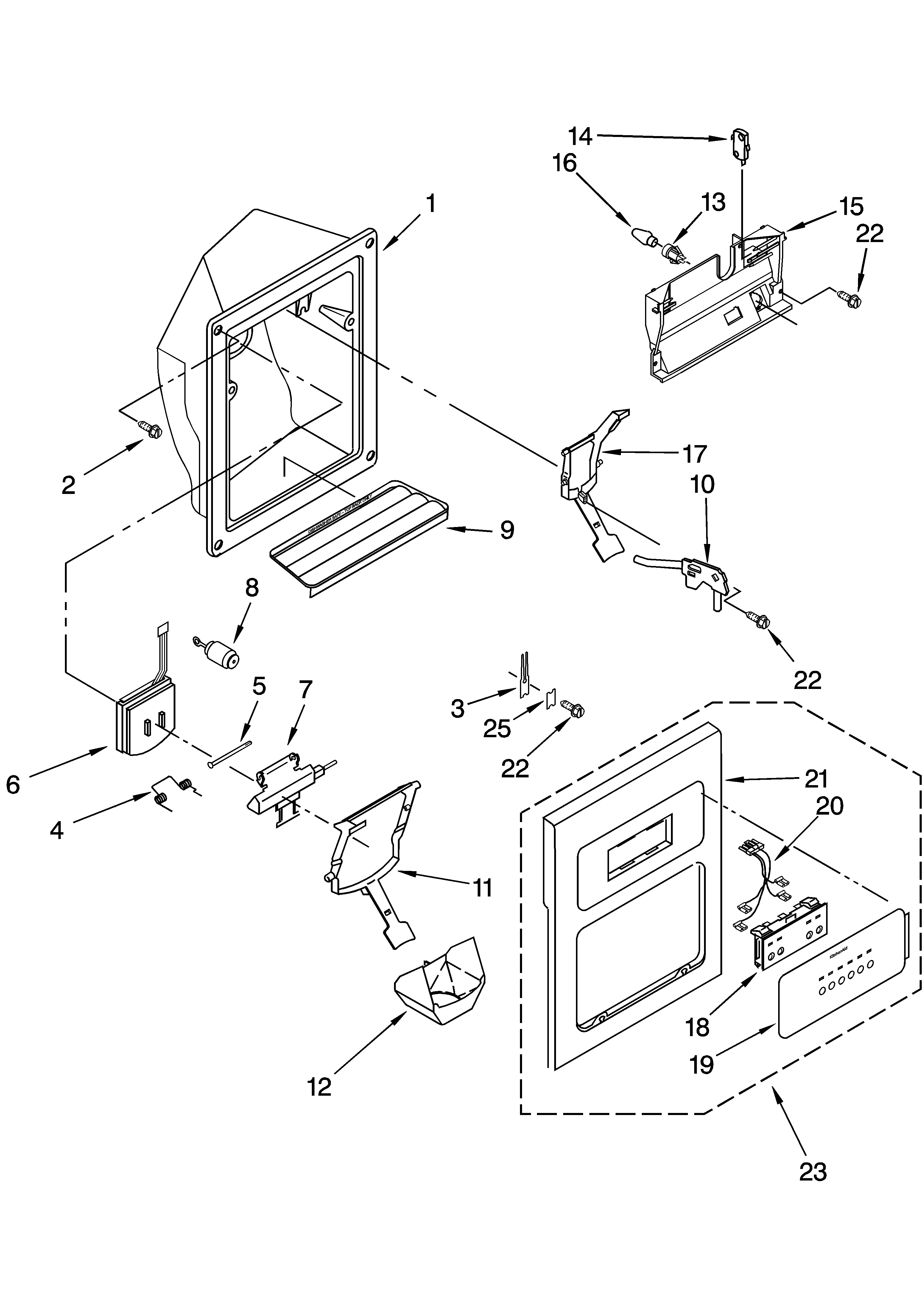 KitchenAid KSRG22FKSS15 dispenser front parts diagram