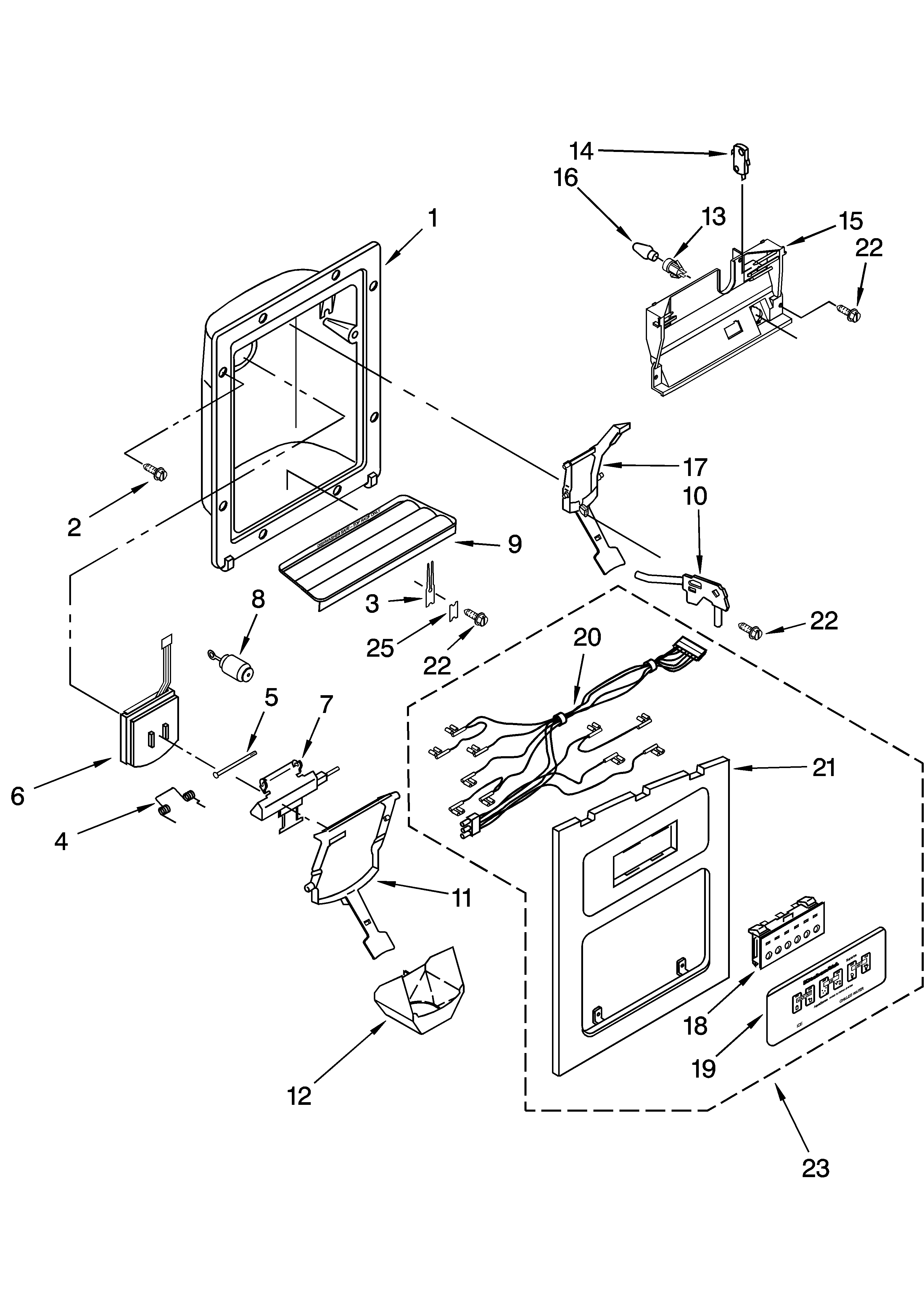 KitchenAid KSRG25FKWH15 dispenser front parts diagram