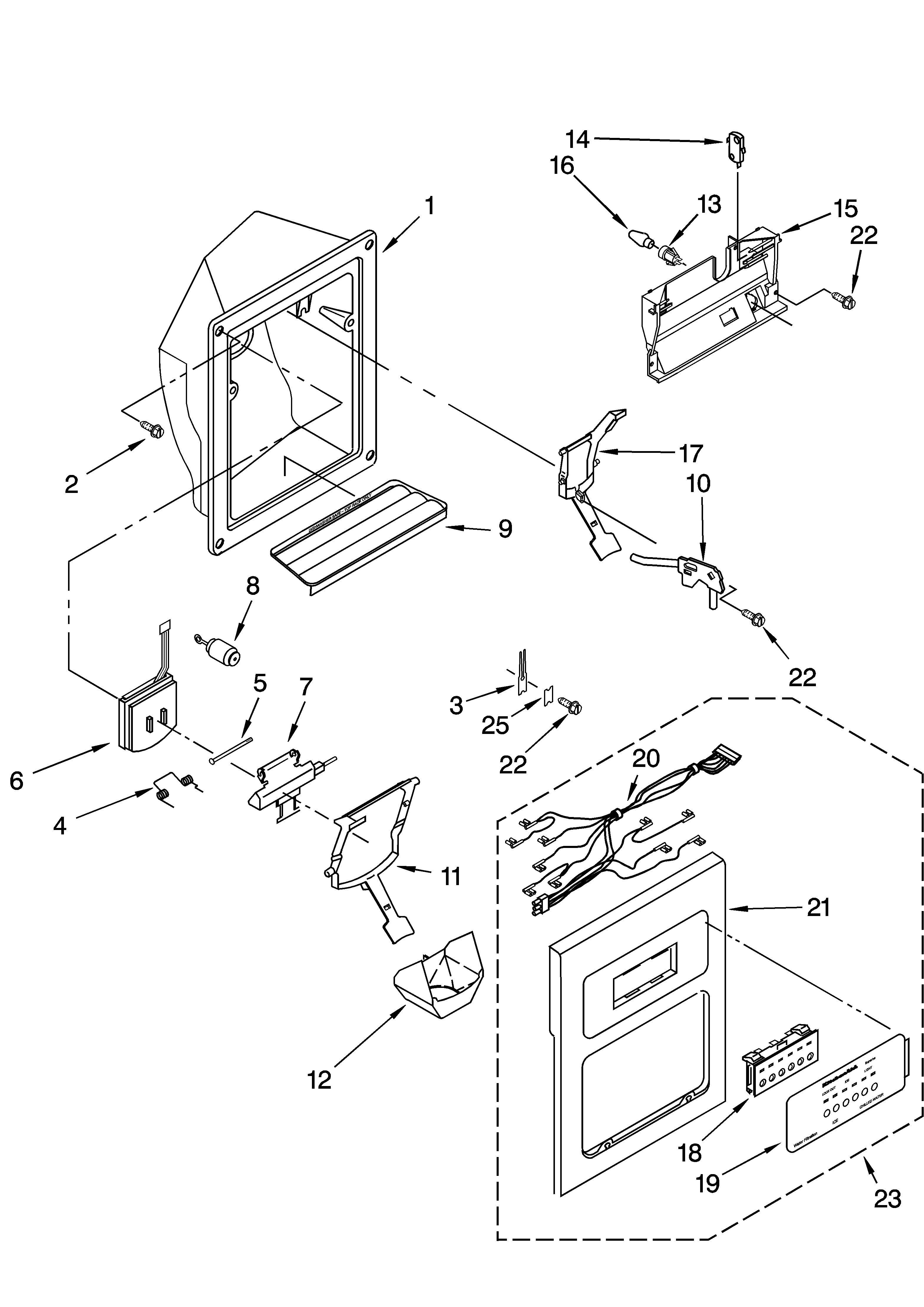 KitchenAid KSRK22ILWH13 dispenser front parts diagram