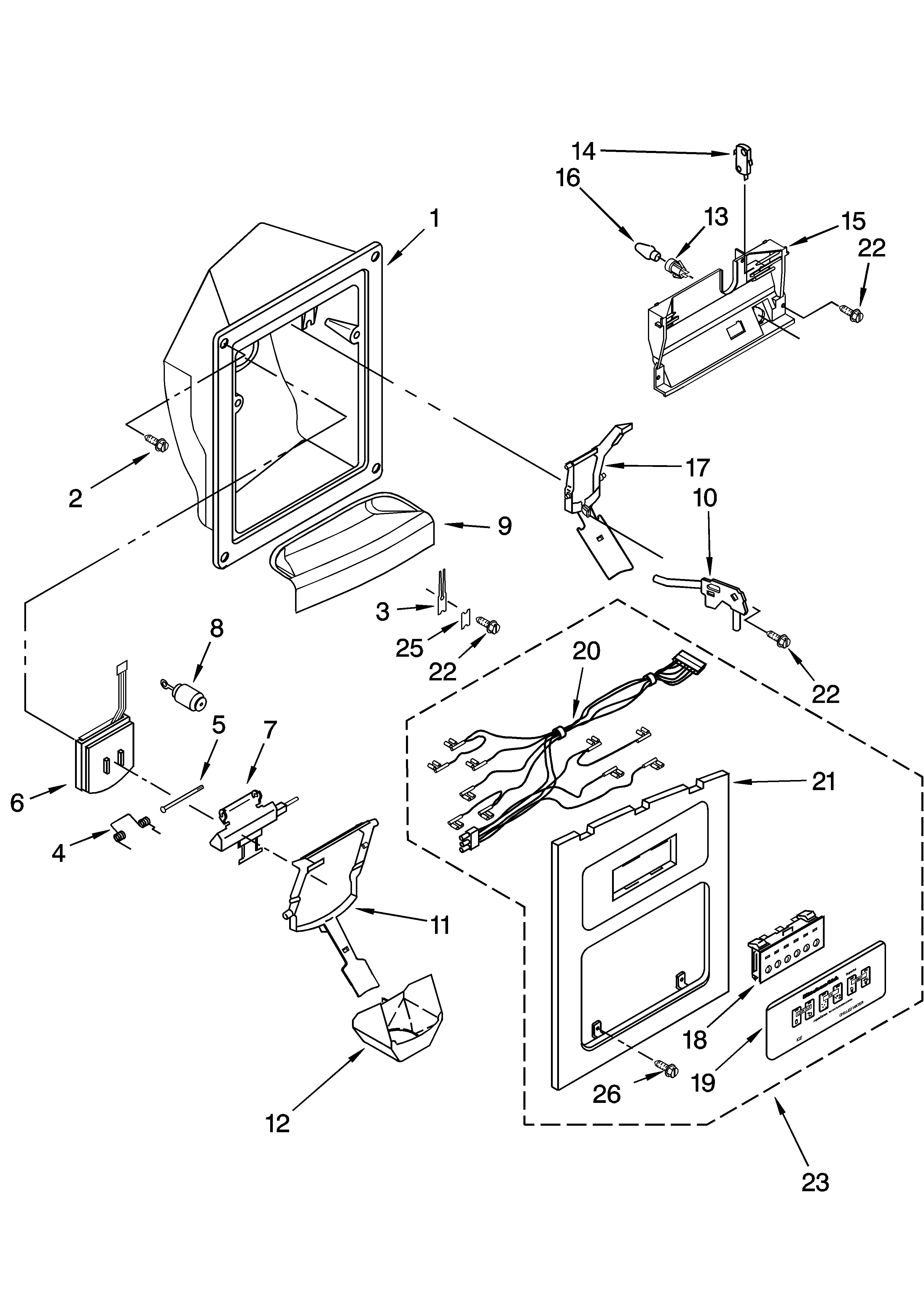 KitchenAid KSRS27ILWH13 dispenser front parts diagram