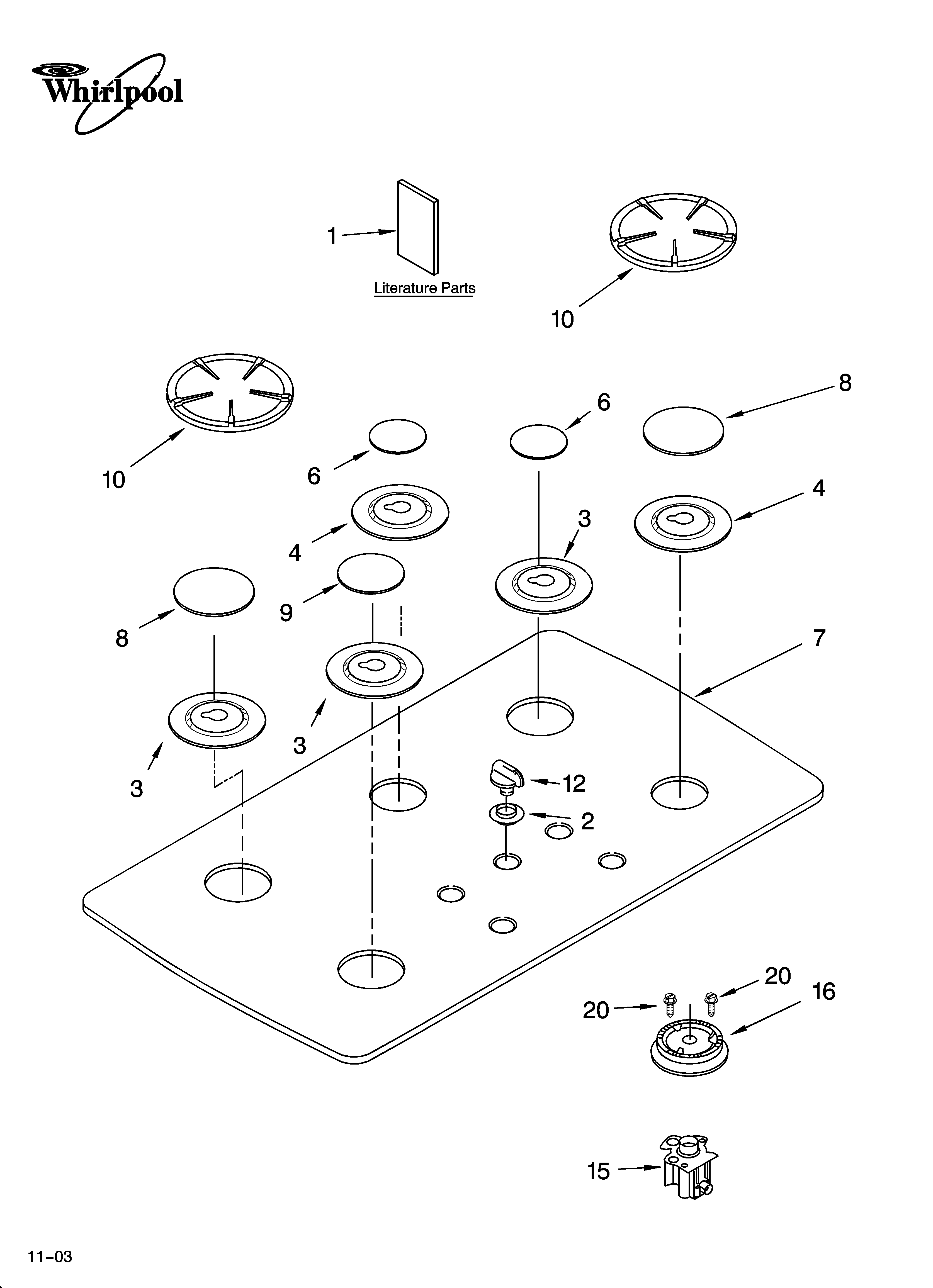 Whirlpool GLT3615LQ02 cooktop, burner and grate parts diagram