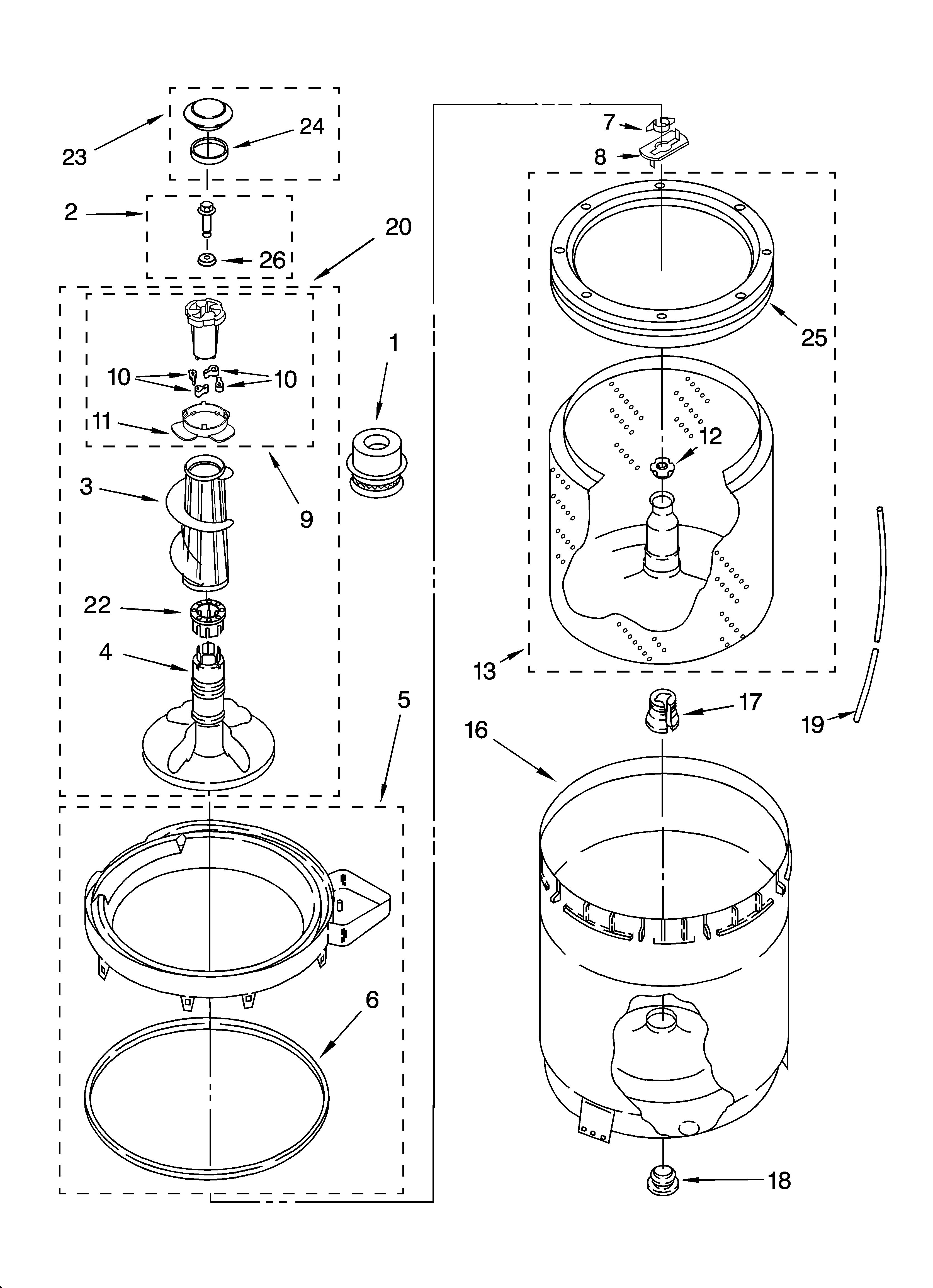 Whirlpool GSQ9632LL1 agitator, basket and tub parts diagram