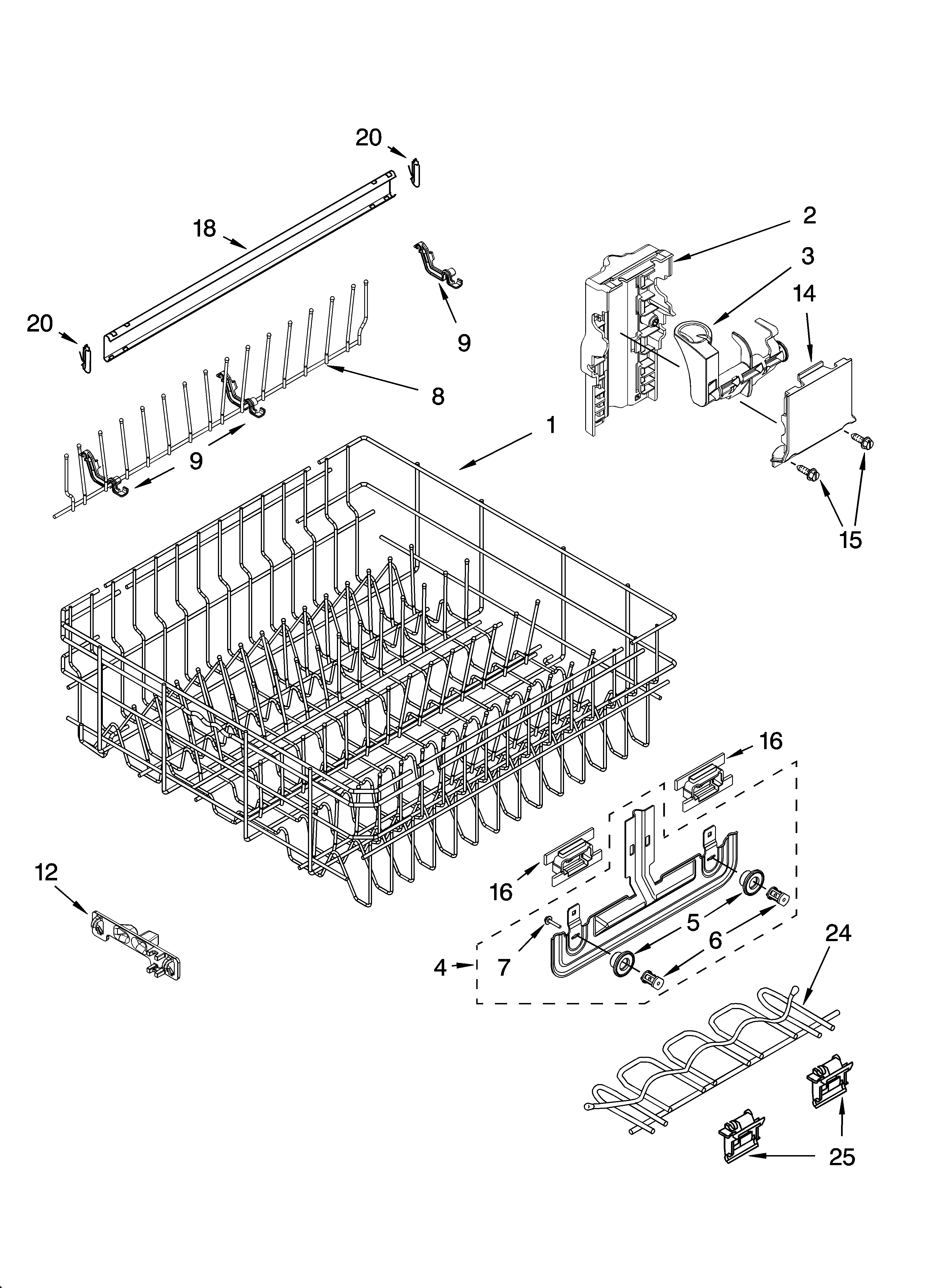 Whirlpool GU1500XTLB3 upper rack and track parts diagram