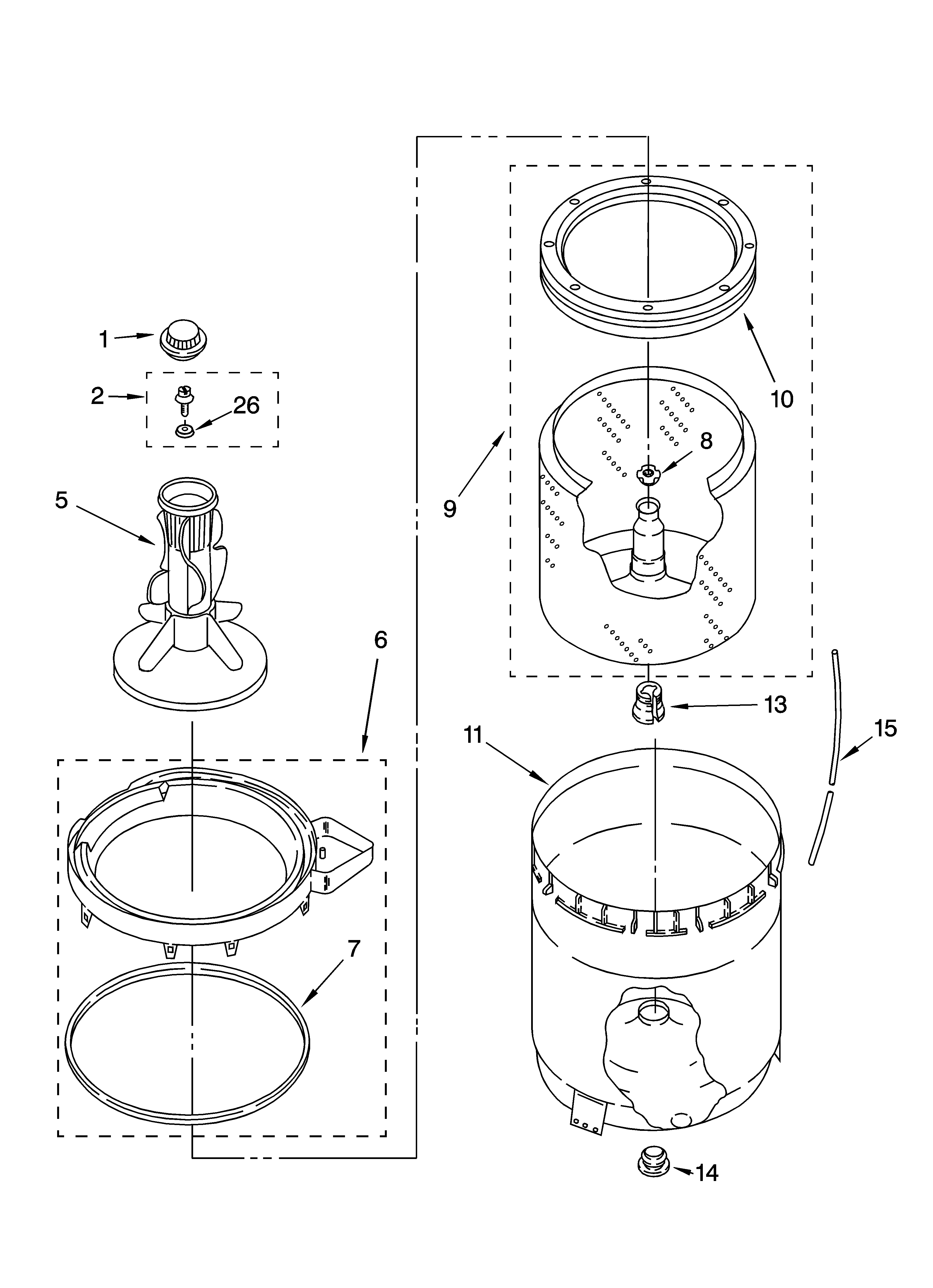 Whirlpool LSR5101LQ1 agitator, basket and tub parts diagram
