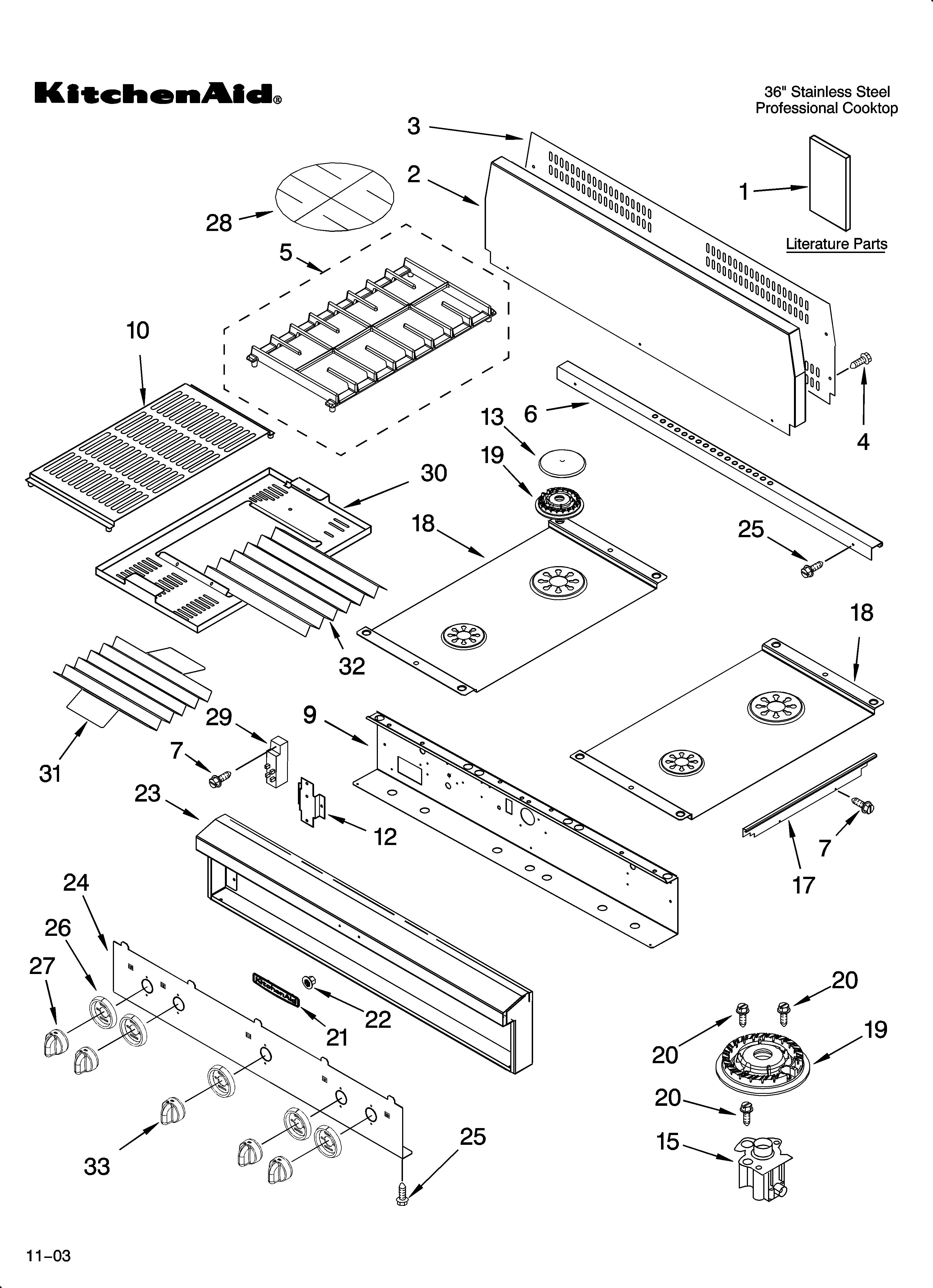 KitchenAid KGCP462KSS02 cooktop, burner and grate parts diagram
