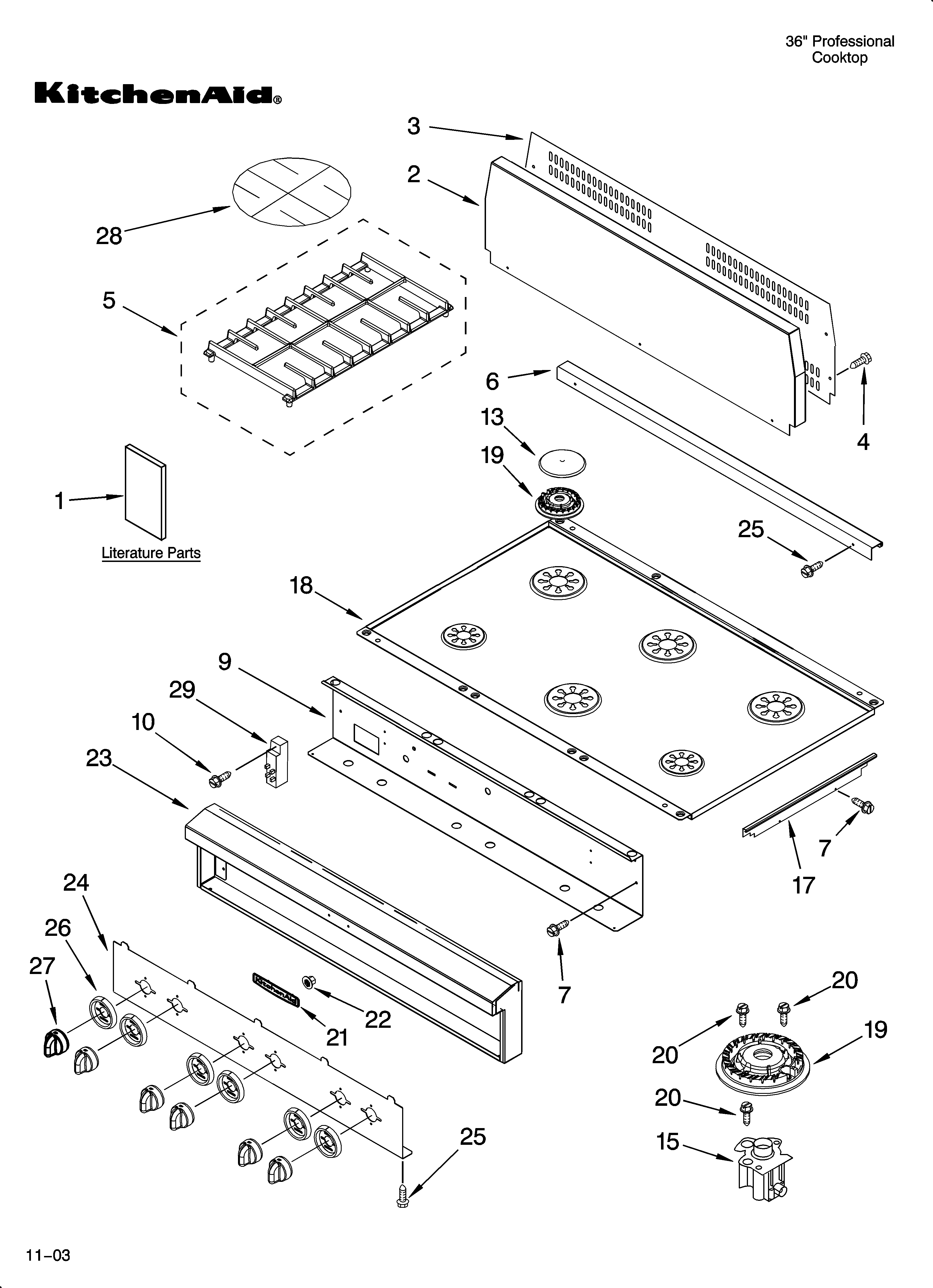 KitchenAid KGCP467JSS04 cooktop, burner and grate parts diagram