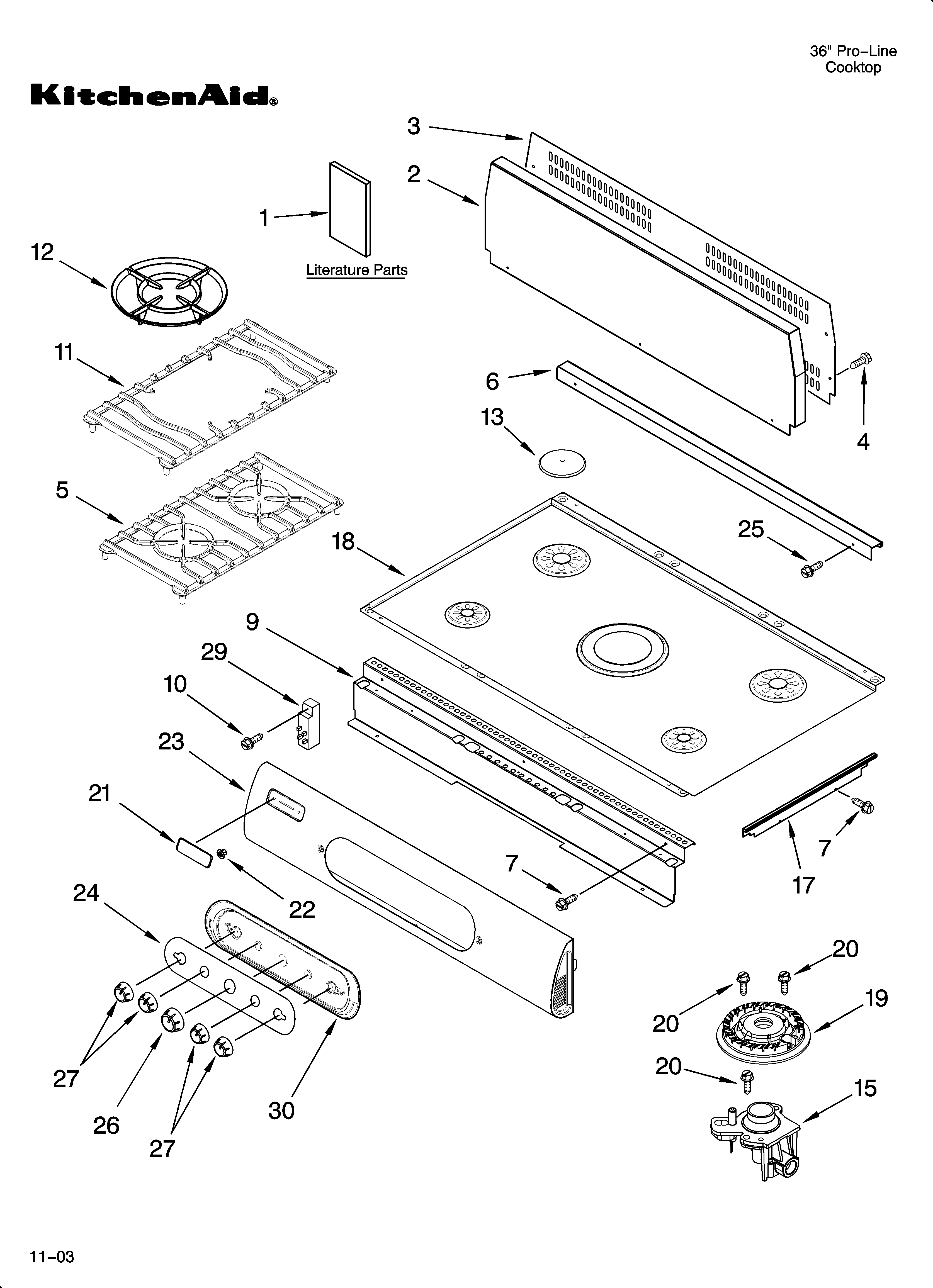 KitchenAid KGCV465MSS02 cooktop, burner and grate parts diagram