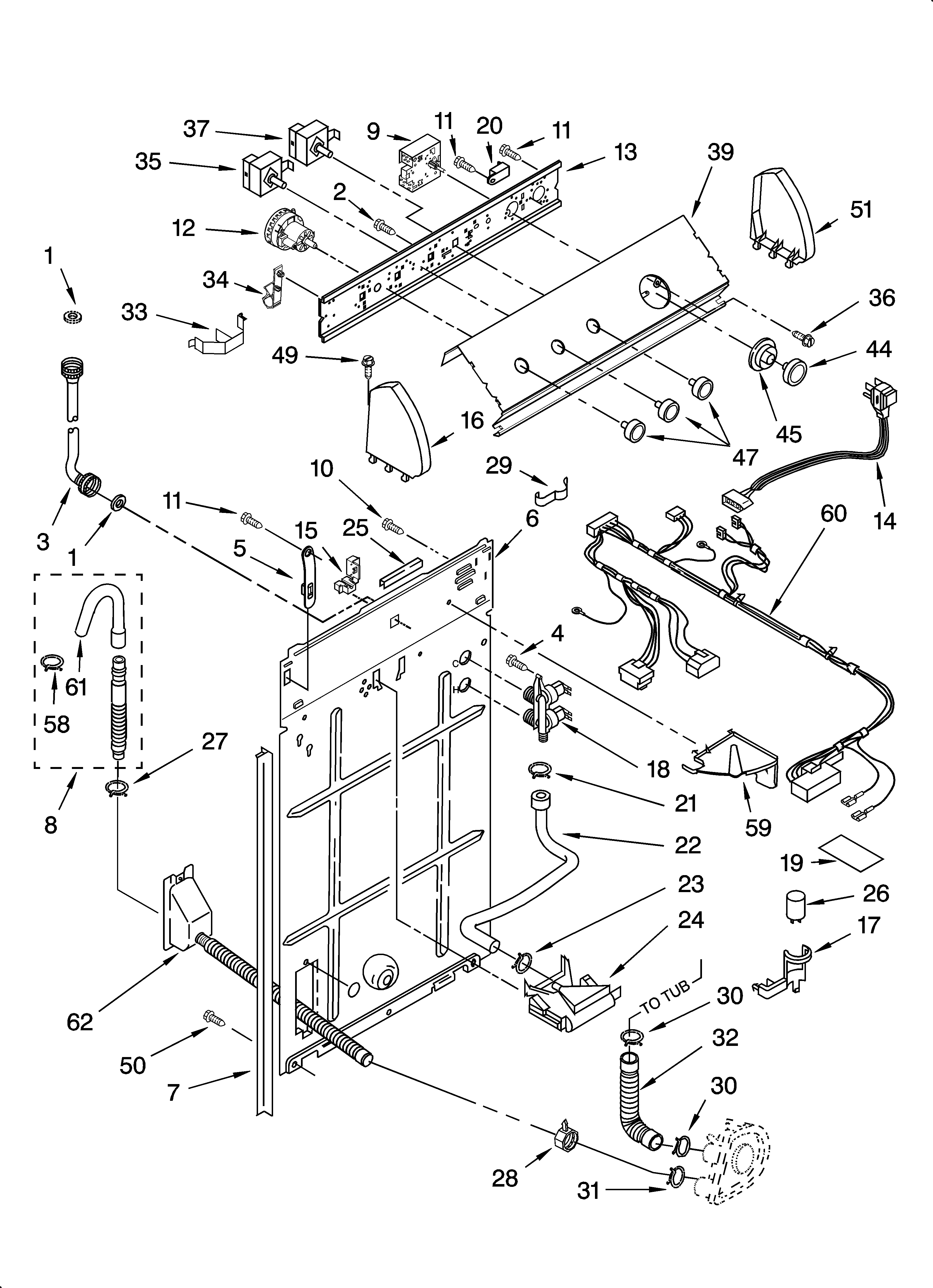 Whirlpool LSQ9200LT3 controls and rear panel parts diagram