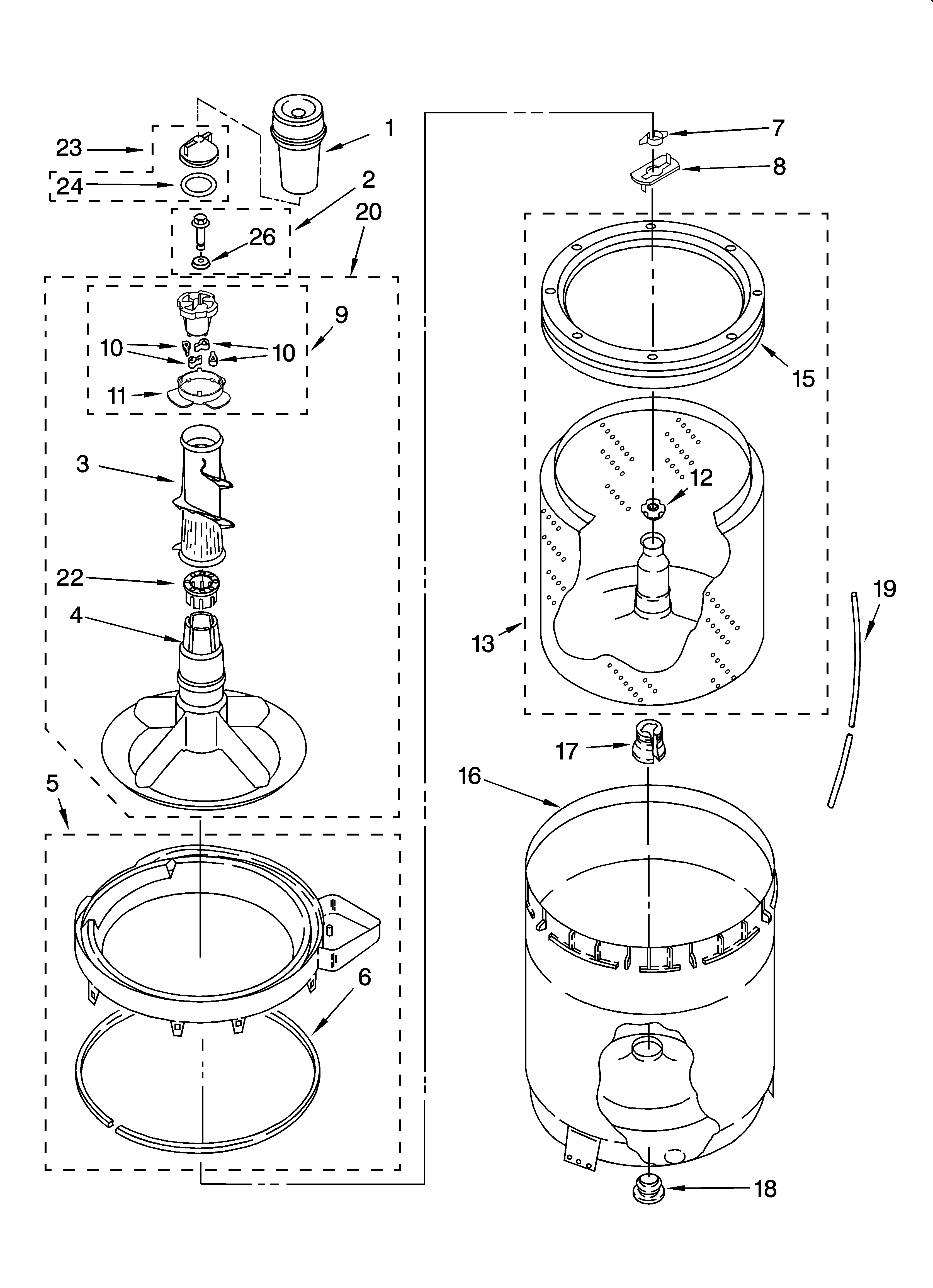 Whirlpool LSQ9549LW3 agitator, basket and tub parts diagram